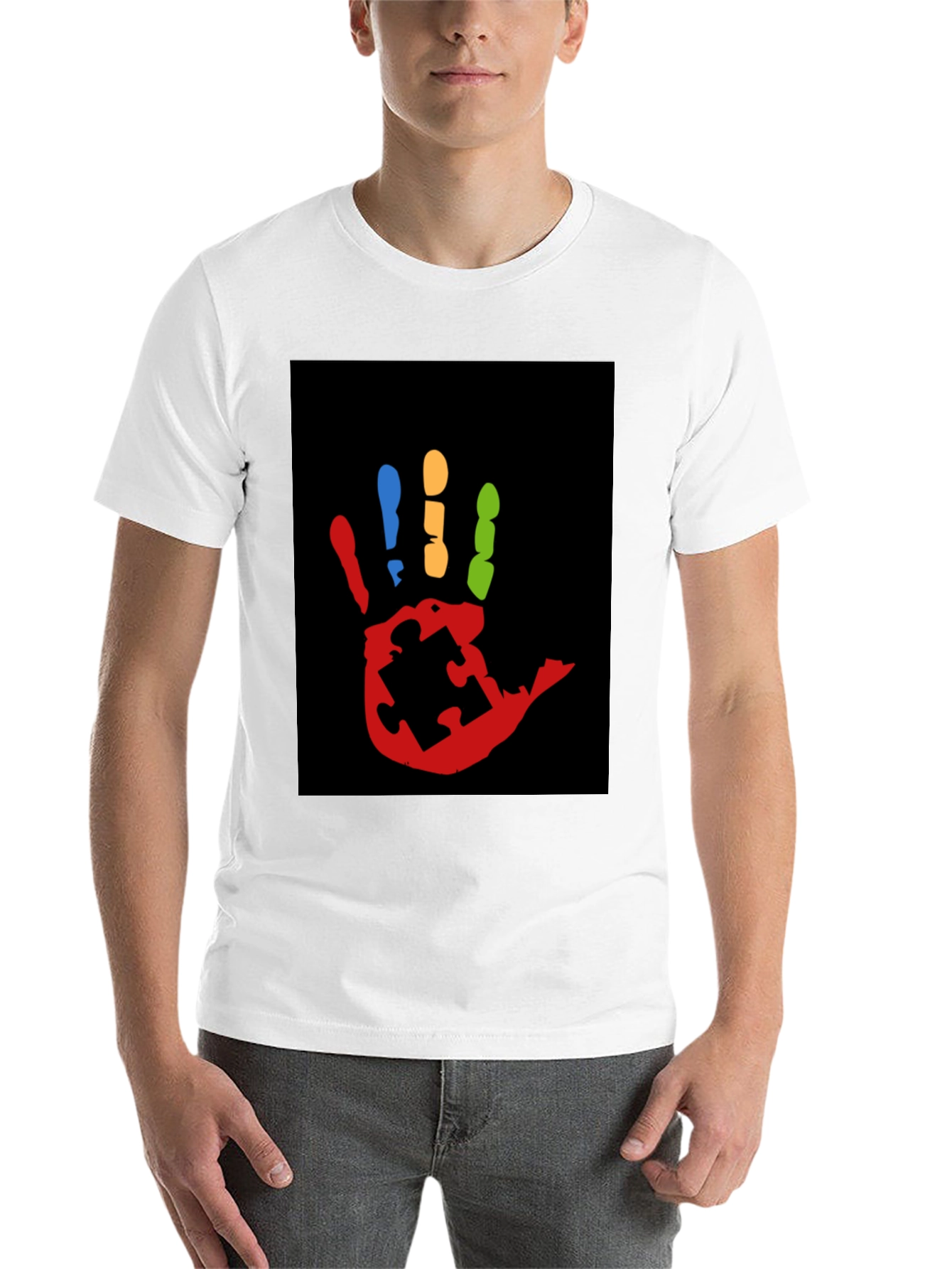 Black Autism Awareness Hand Print T-Shirt view 14