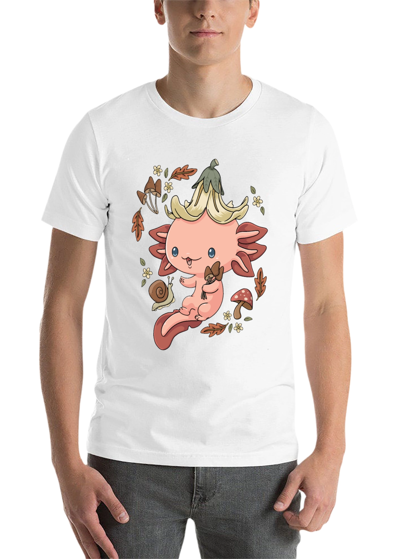 Black Cute Axolotl Mushroom T-Shirt - Whimsical Nature Design view 14