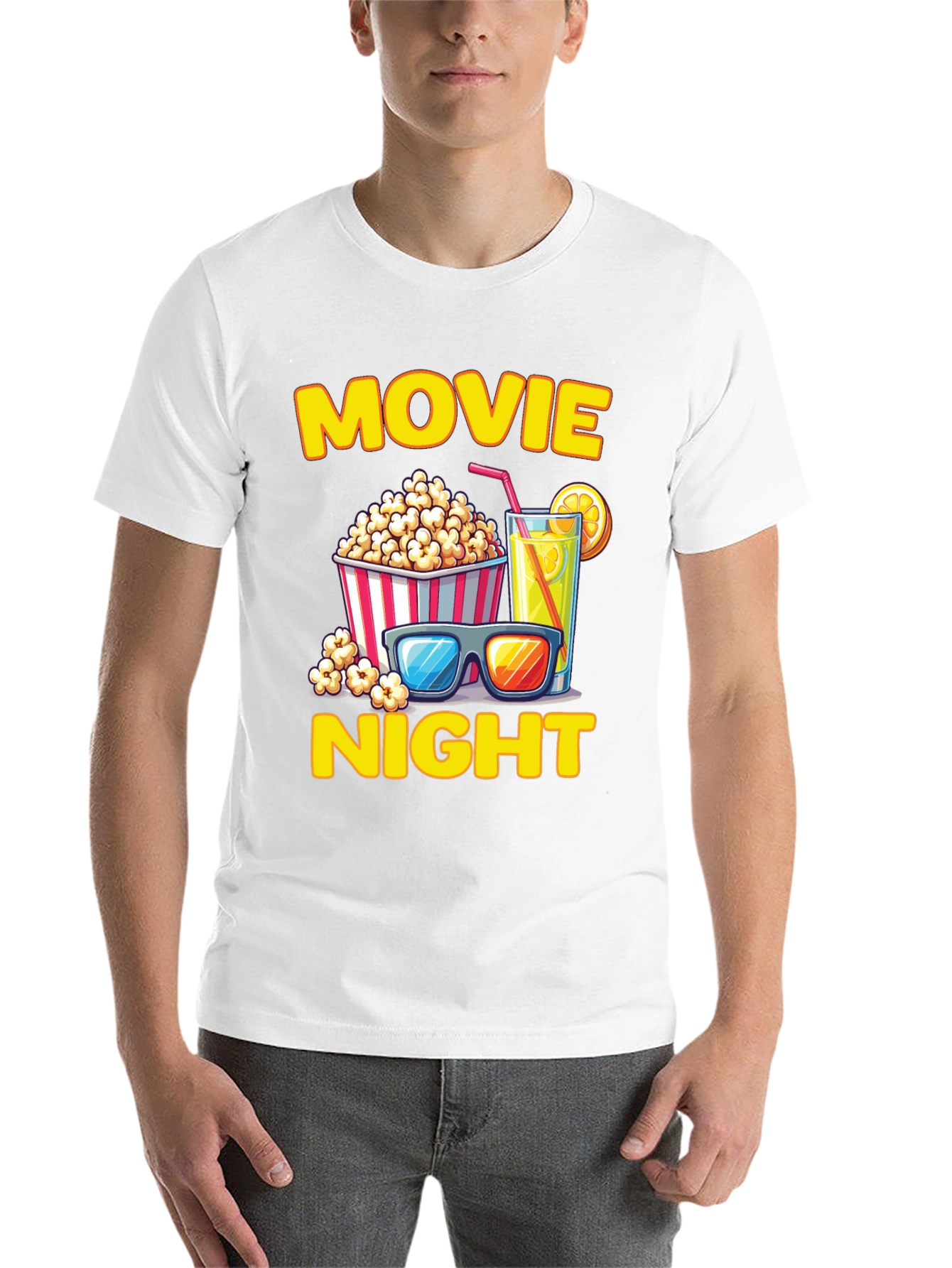 Black Movie Night T-Shirt - Popcorn, Drink, and Glasses view 14