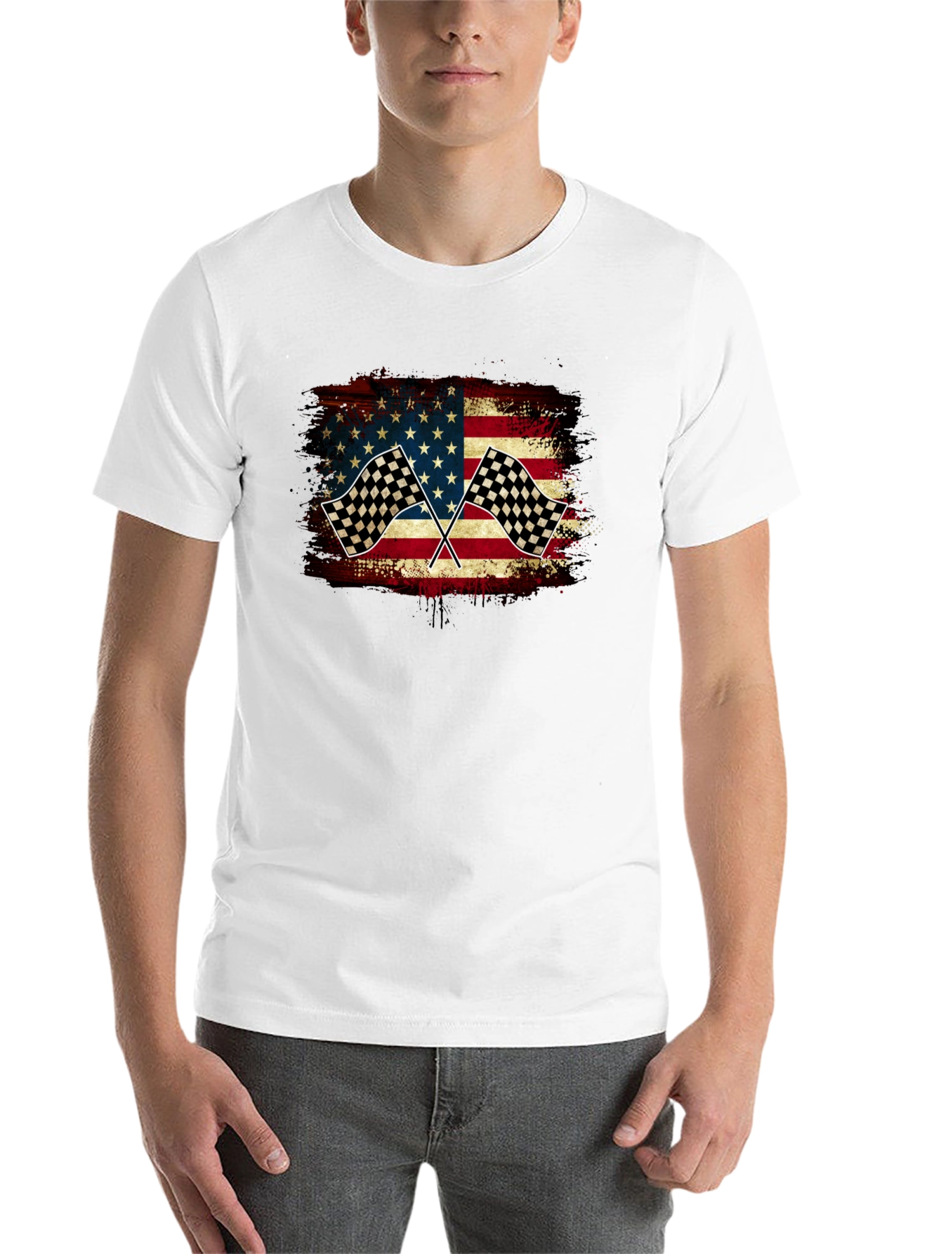 Black American Flag Race Car T-Shirt view 14