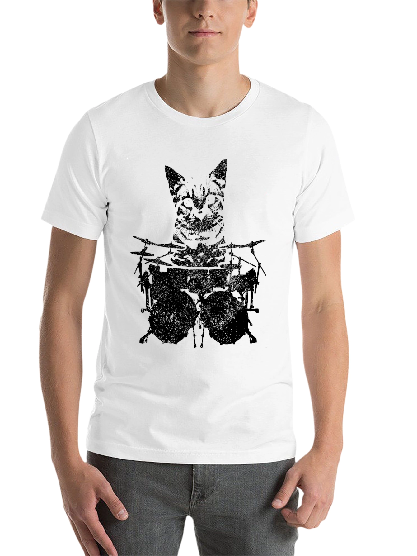 Black Cat Drummer Graphic Tee - Black Cotton T-Shirt view 14