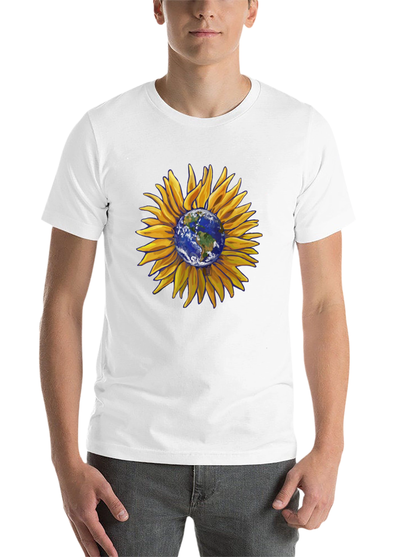 Black Sunflower Earth Graphic T-Shirt - Black Cotton Blend view 14