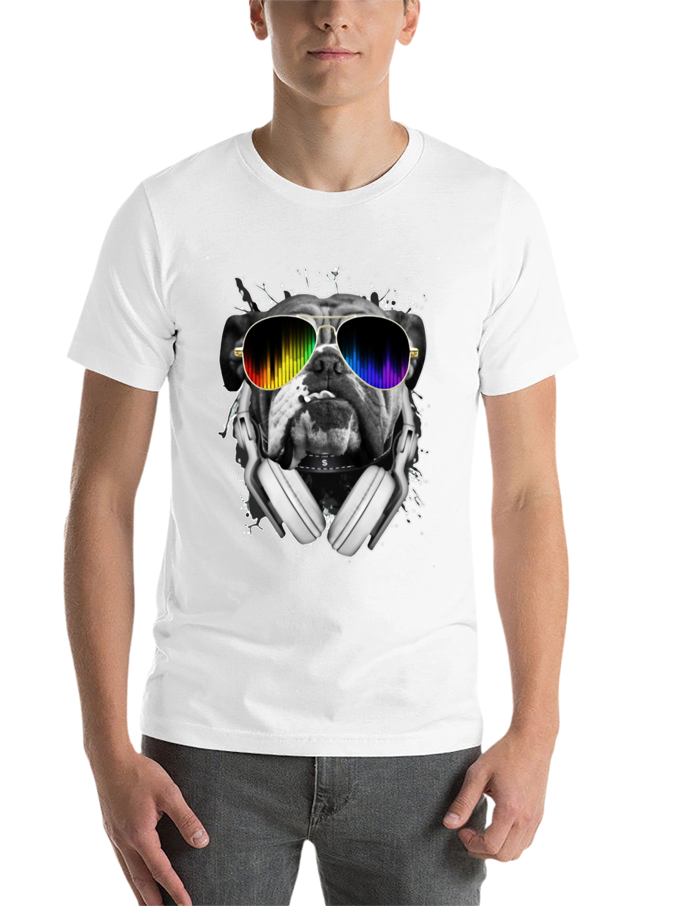 Black Bulldog DJ T-Shirt - Rainbow Glasses & Headphones view 14