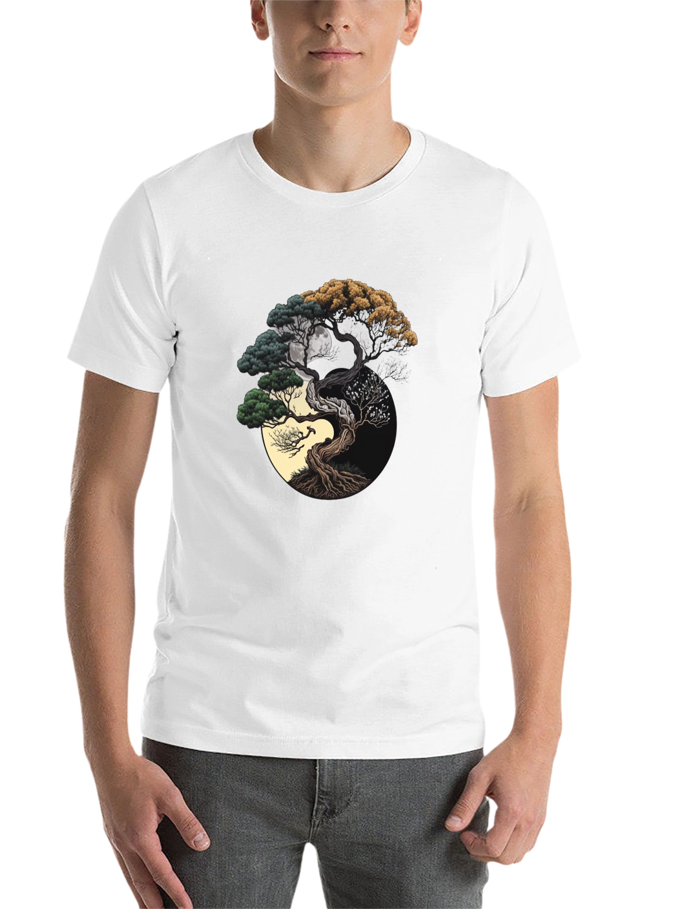 Black Yin Yang Bonsai Tree Graphic Tee - Unisex Black T-Shirt view 14