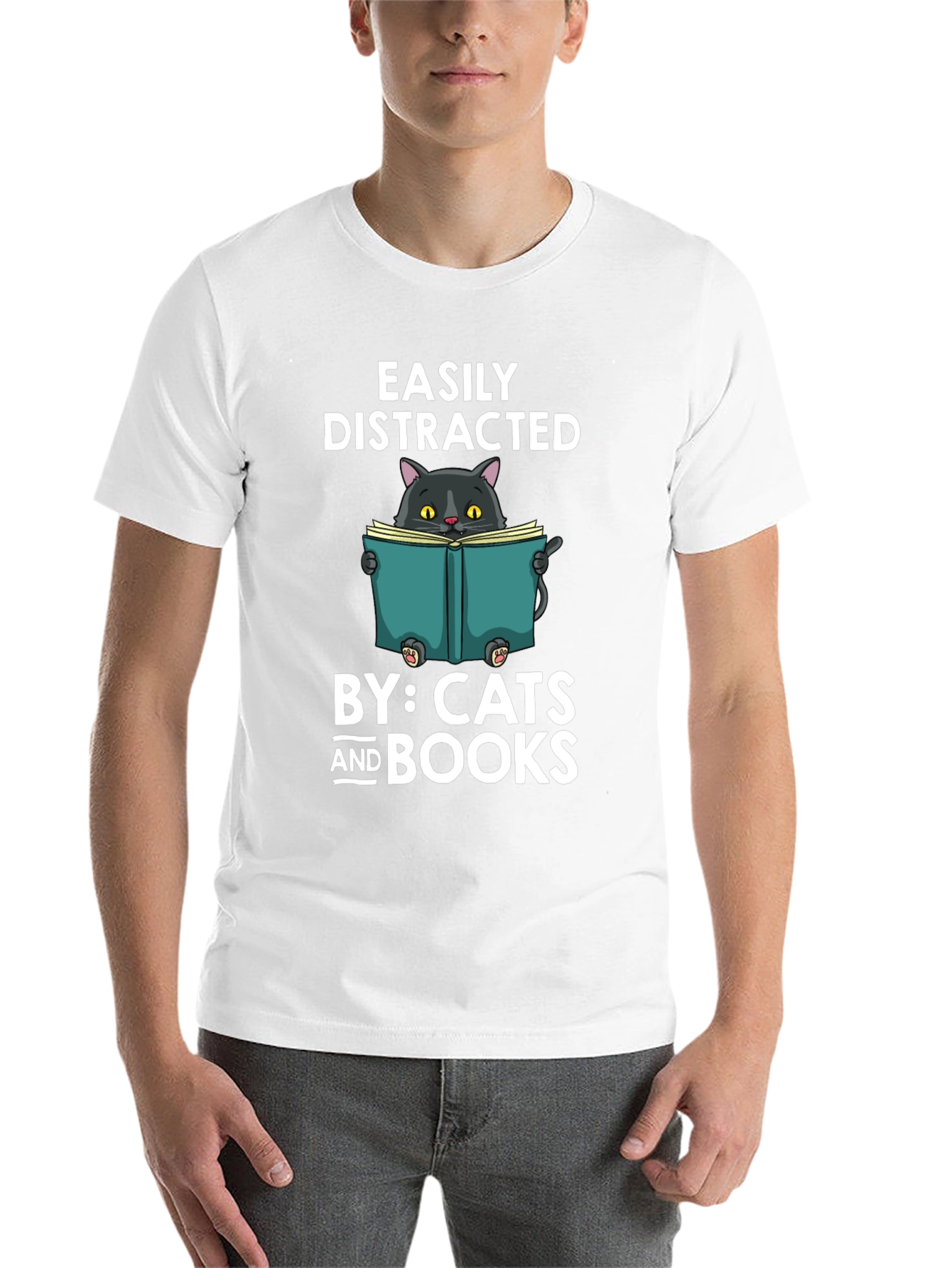 Black Easily Distracted By Cats and Books T-Shirt view 14