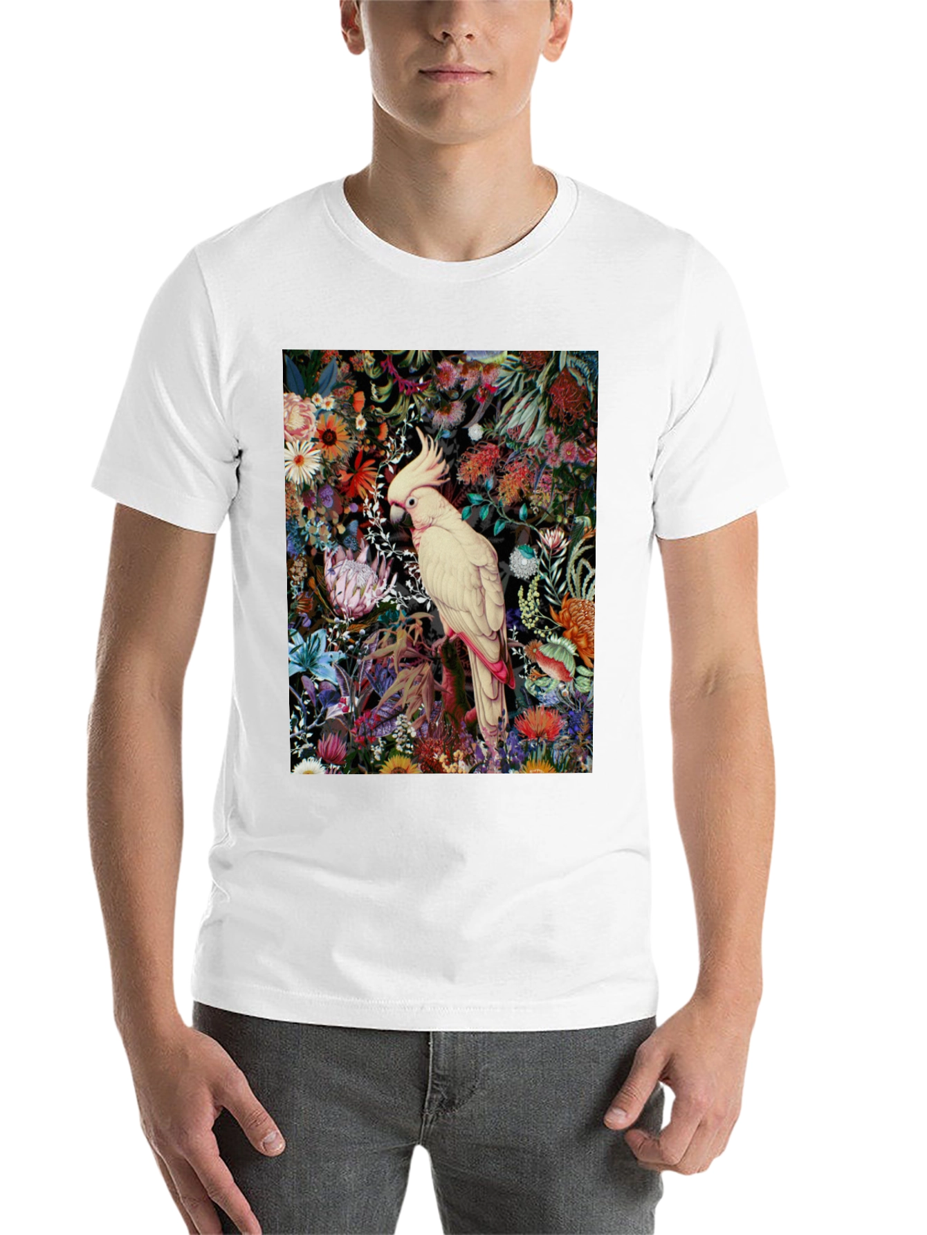 Black Floral Cockatoo Print Tee - Unique Graphic T-Shirt view 14
