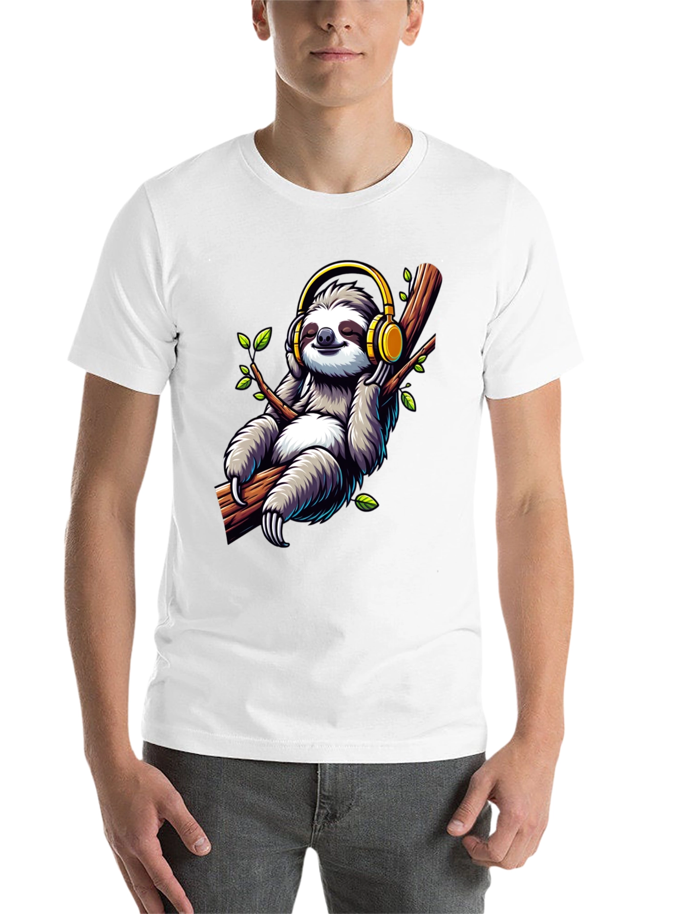 Black Sloth with Headphones Graphic T-Shirt view 14