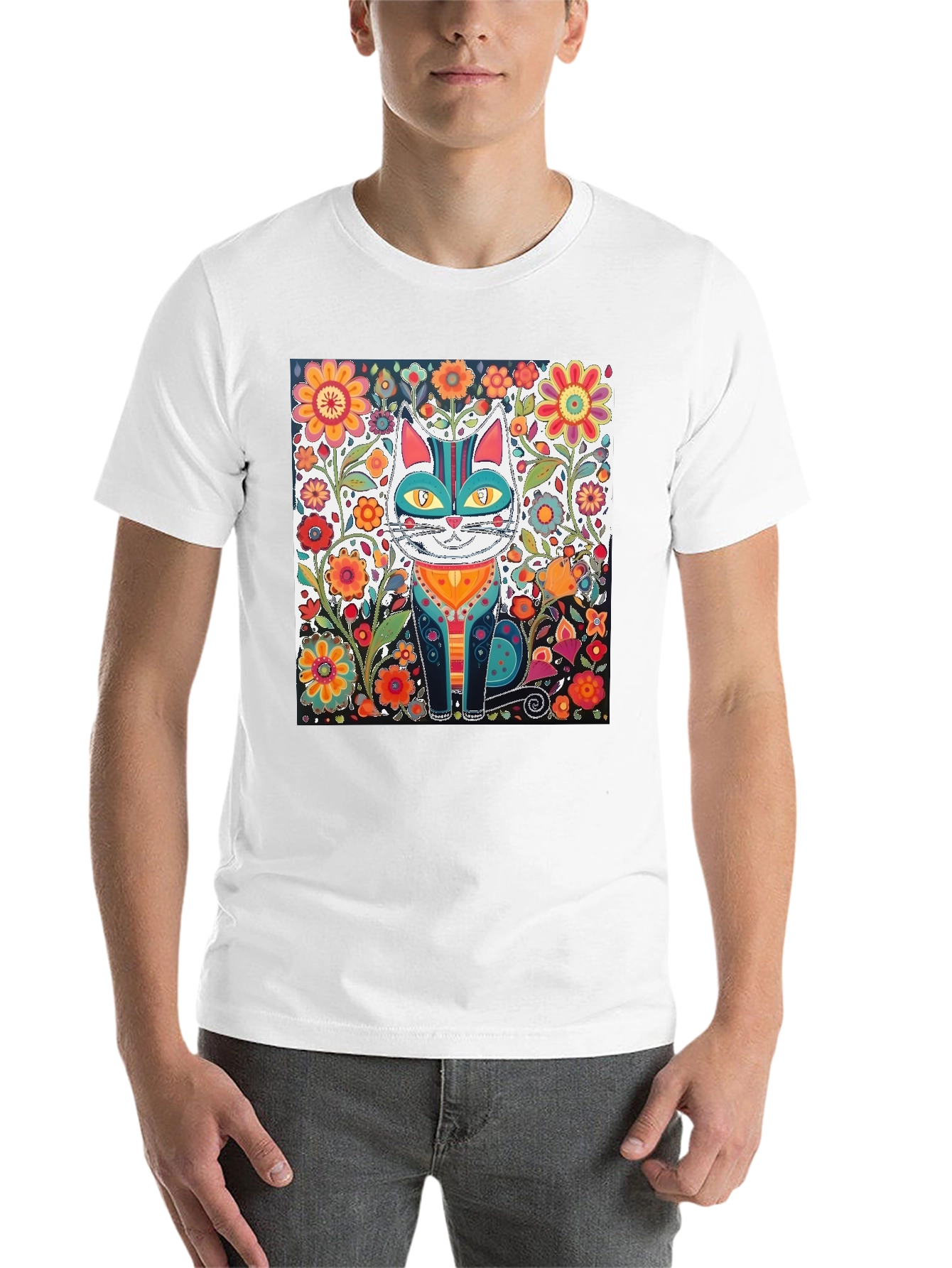 Black Floral Cat Graphic Tee - Unique Design view 14