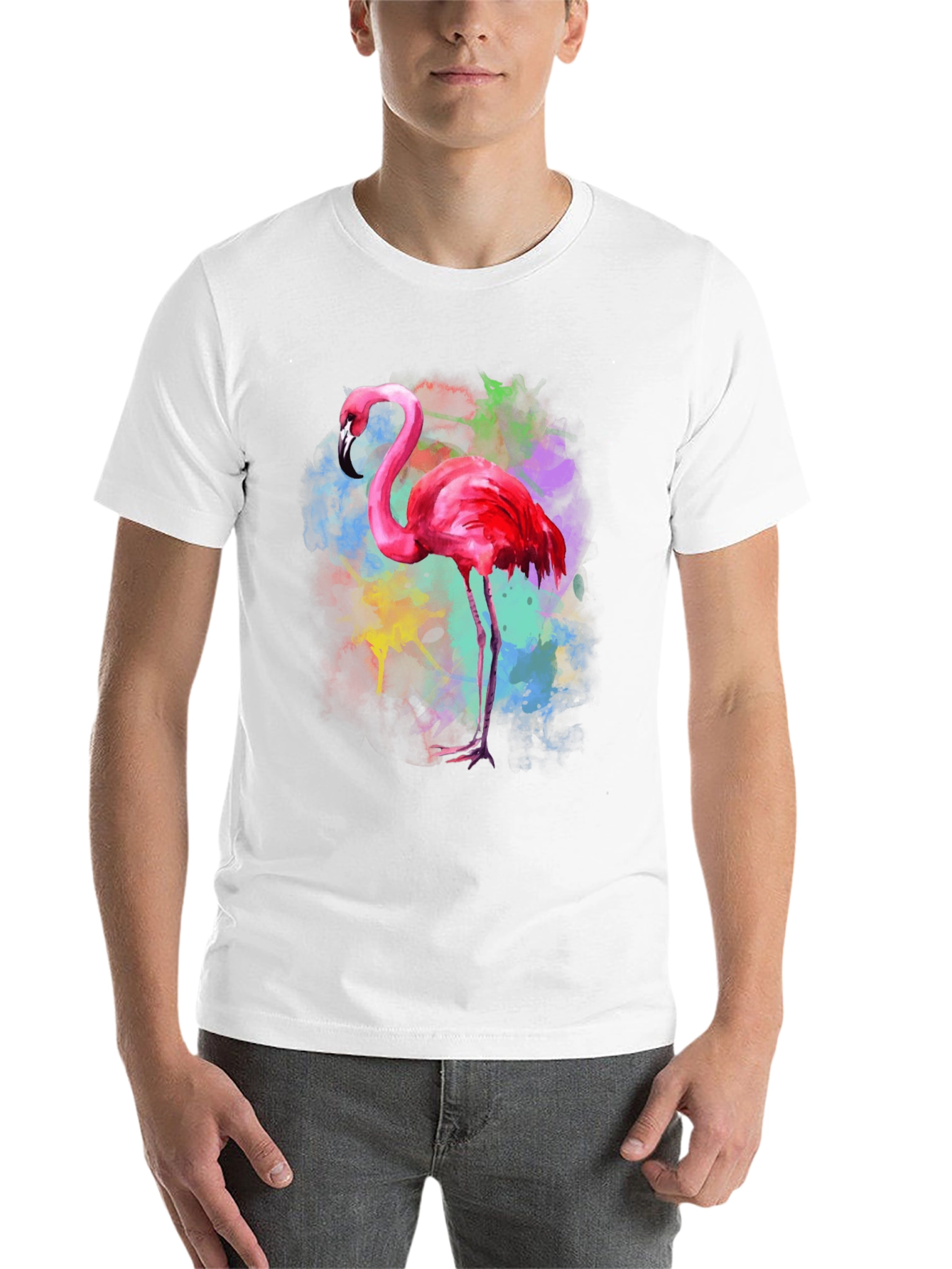 Black Flamingo Watercolor Graphic Tee - Black Cotton T-Shirt view 14