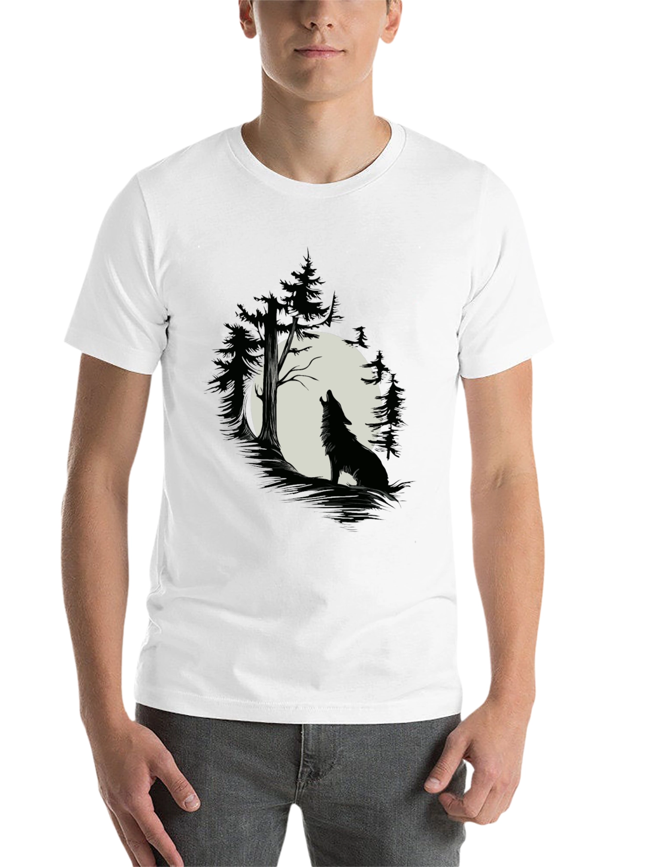 Black Wolf Howling at Moon T-Shirt - Black Cotton Tee view 14
