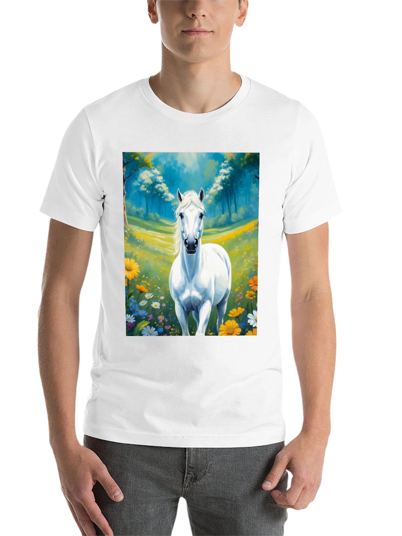Black White Horse in Meadow Graphic Tee view 14