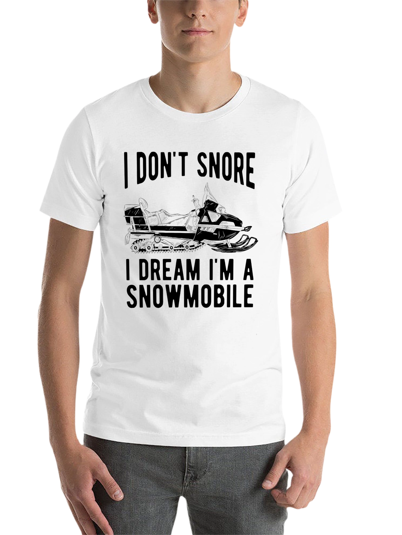 Black I Don't Snore, I Dream I'm a Snowmobile Black T-Shirt view 14