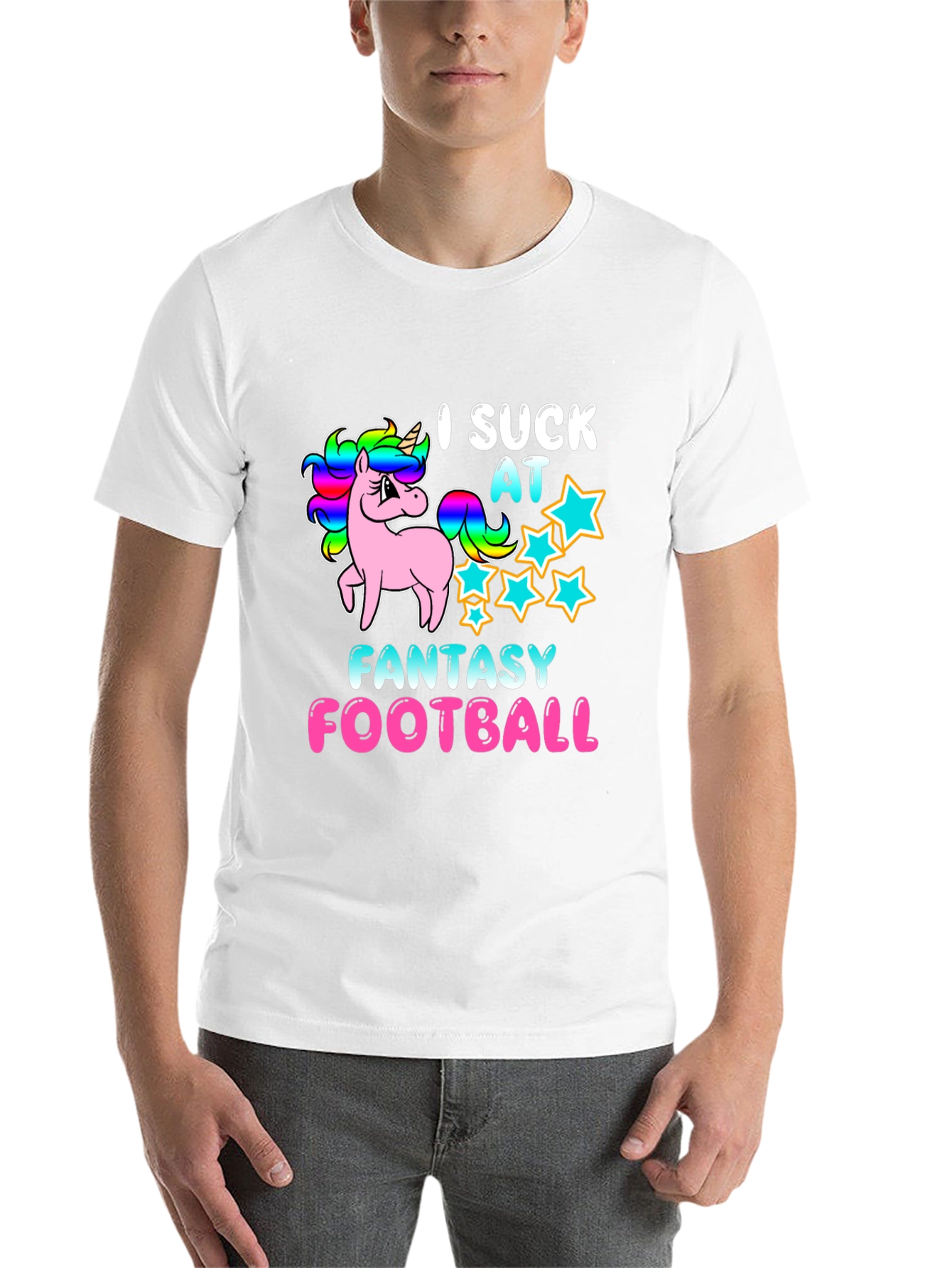 Black I Suck At Fantasy Football Unicorn T-Shirt view 14