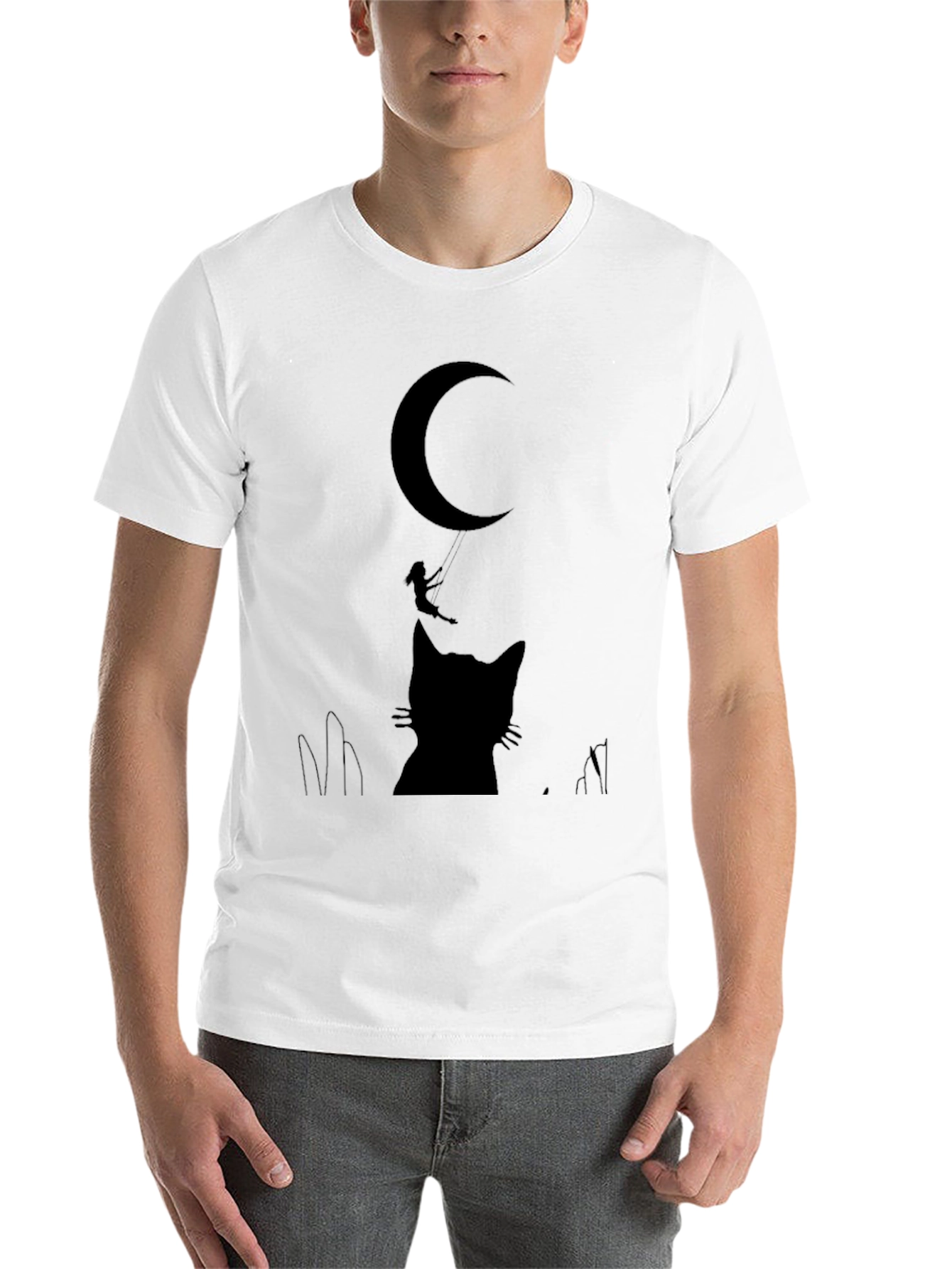 Black Whimsical Cat & Moon Graphic Tee - Black Cotton Blend view 14