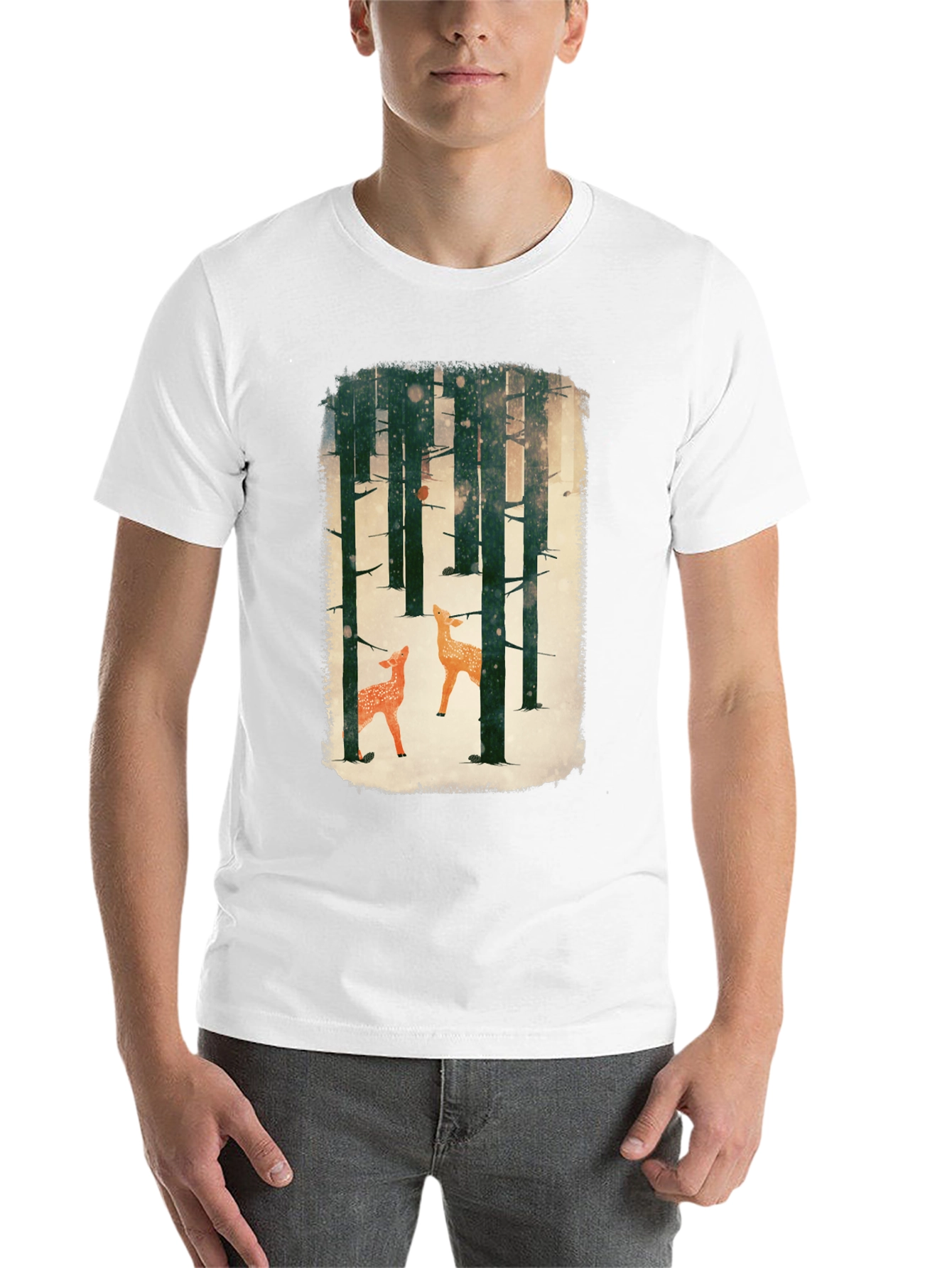 Black Winter Forest Deer Graphic Tee - Black Cotton Blend view 14