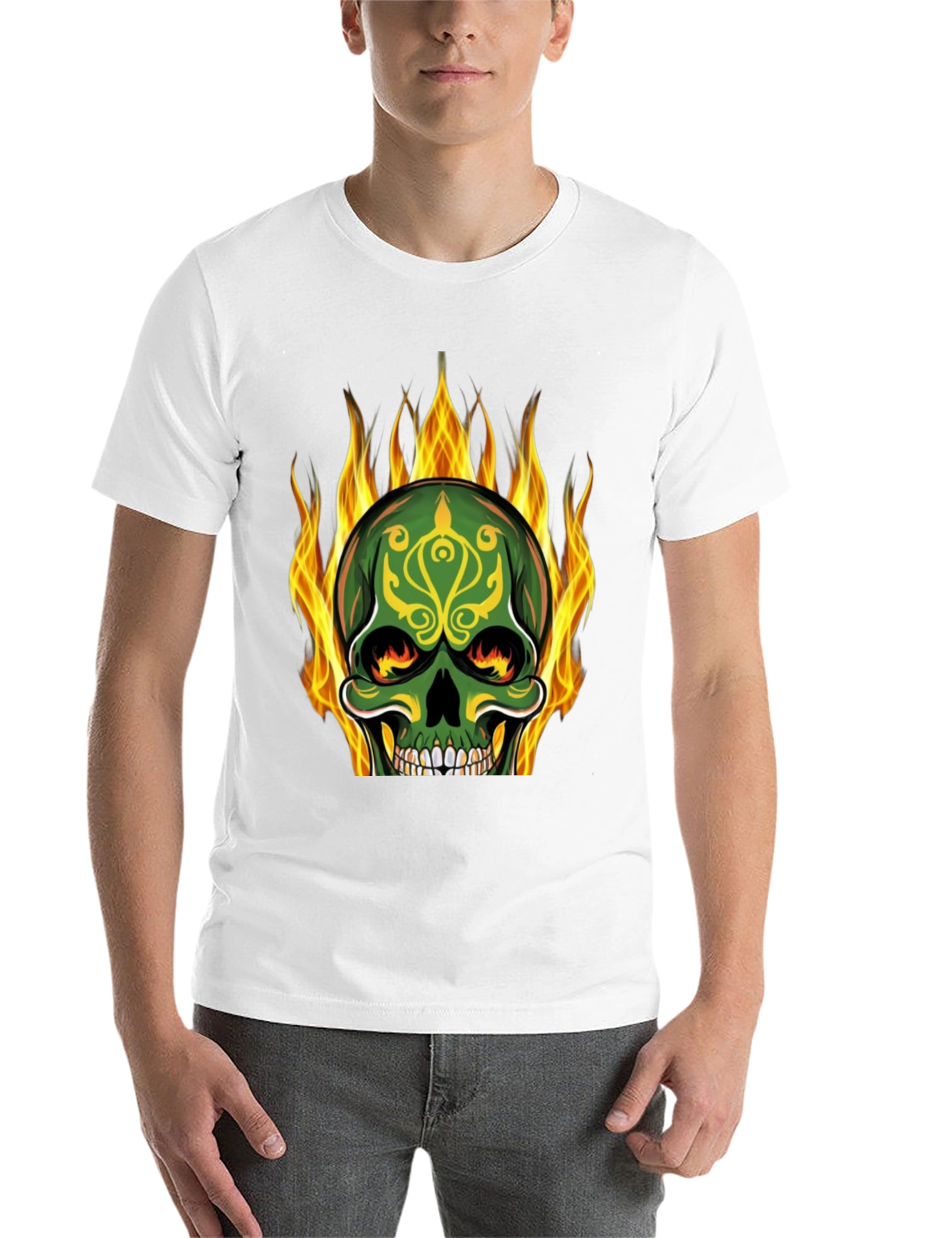 Black Flaming Skull Graphic Tee - Black Cotton T-Shirt view 14