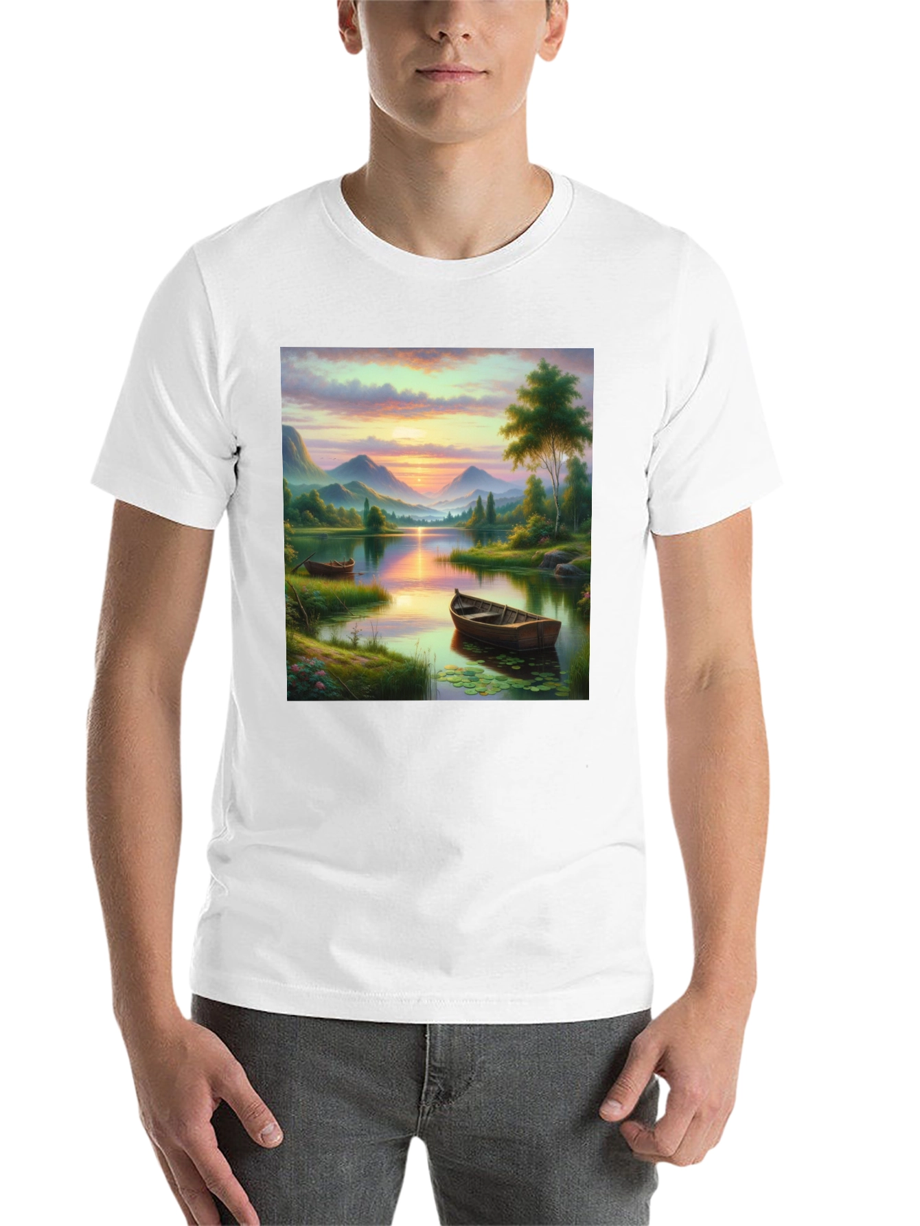 Black Lake Sunset Boat T-Shirt - Artistic Graphic Tee view 14