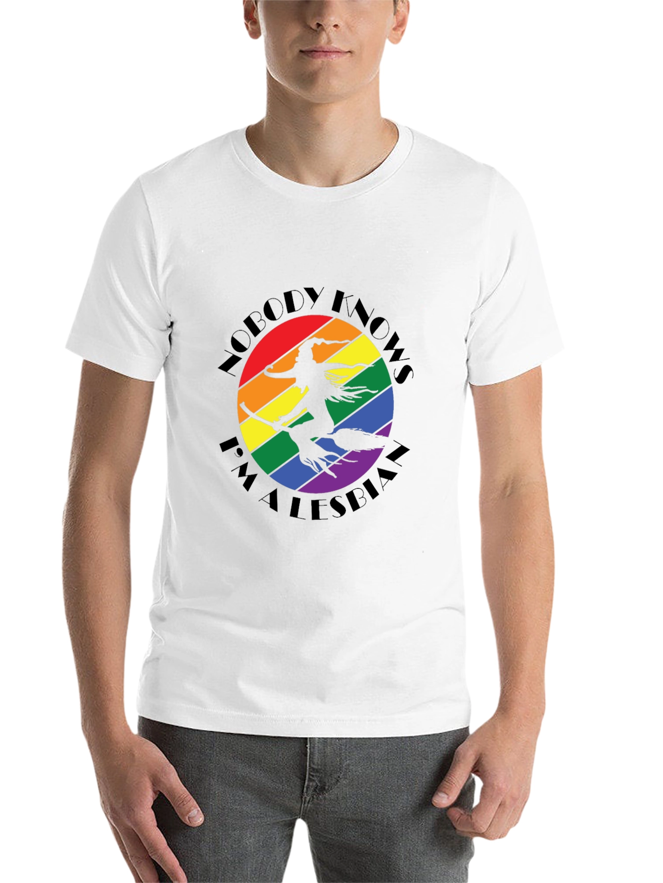 Nobody Knows I'm A Lesbian T-Shirt Witch Rainbow LGBT Pride - 14