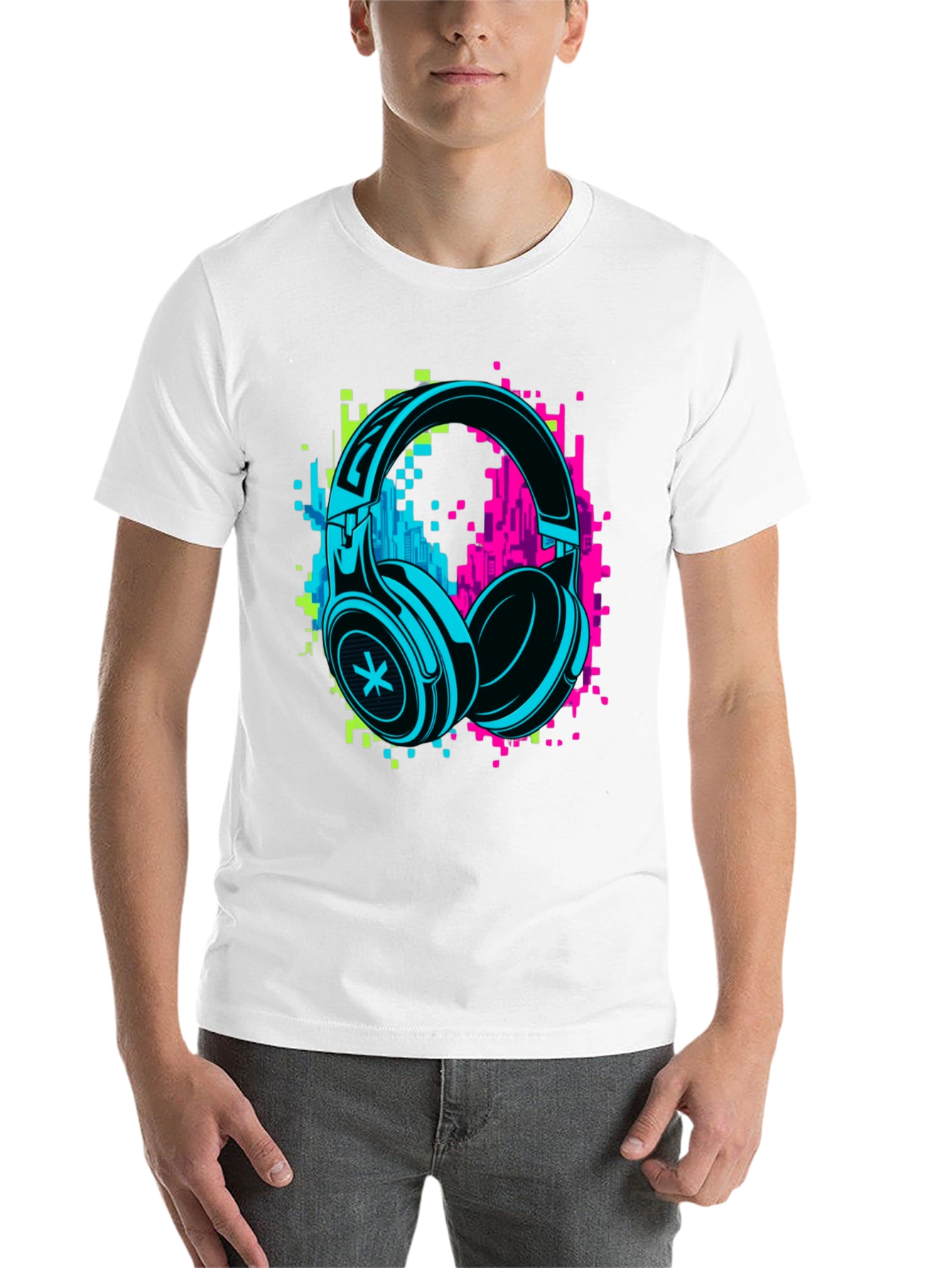 Black Neon Headphones Graphic Black T-Shirt view 14