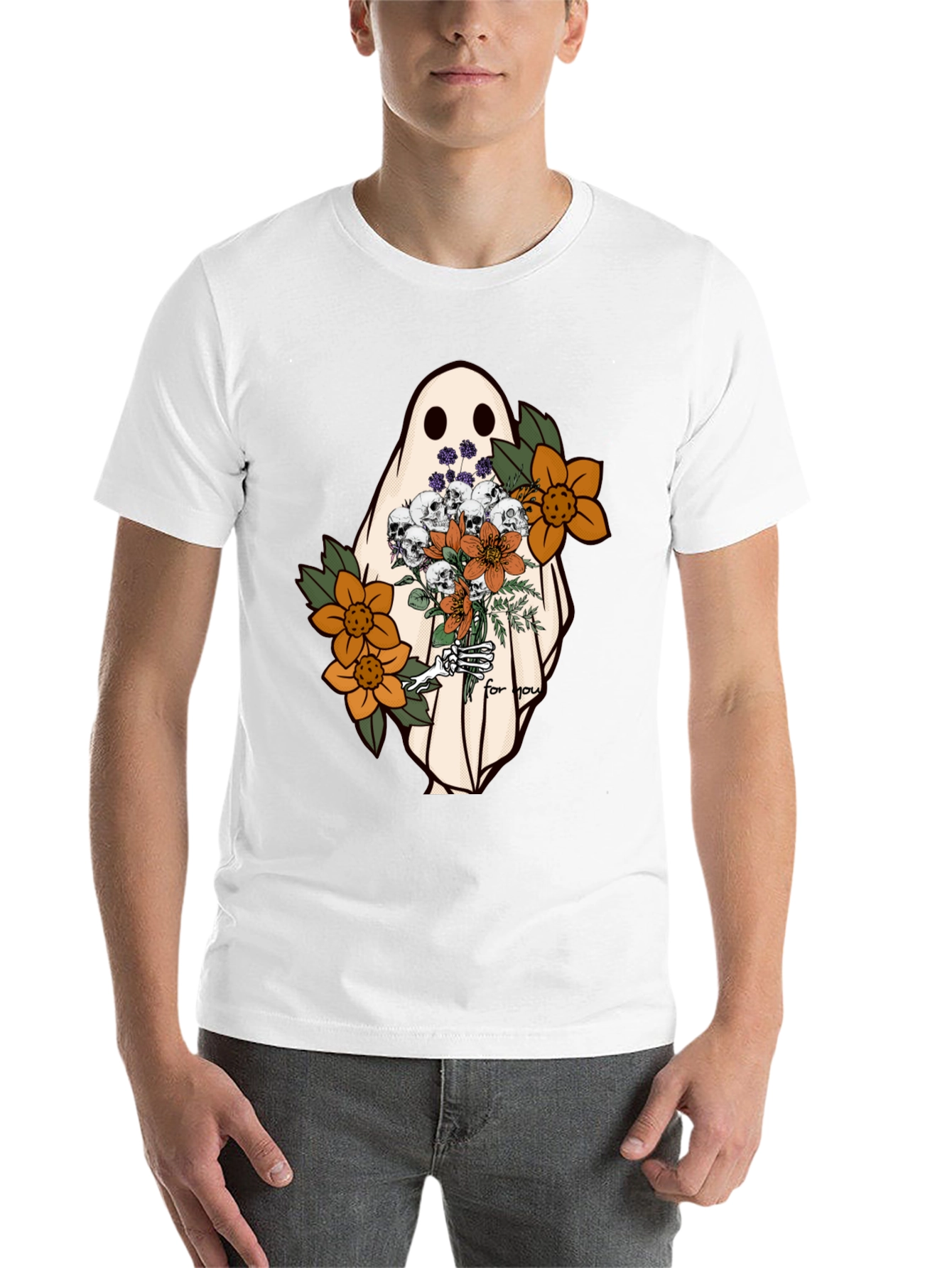 Black Ghost with Flowers Graphic Tee - Unisex Soft Cotton view 14