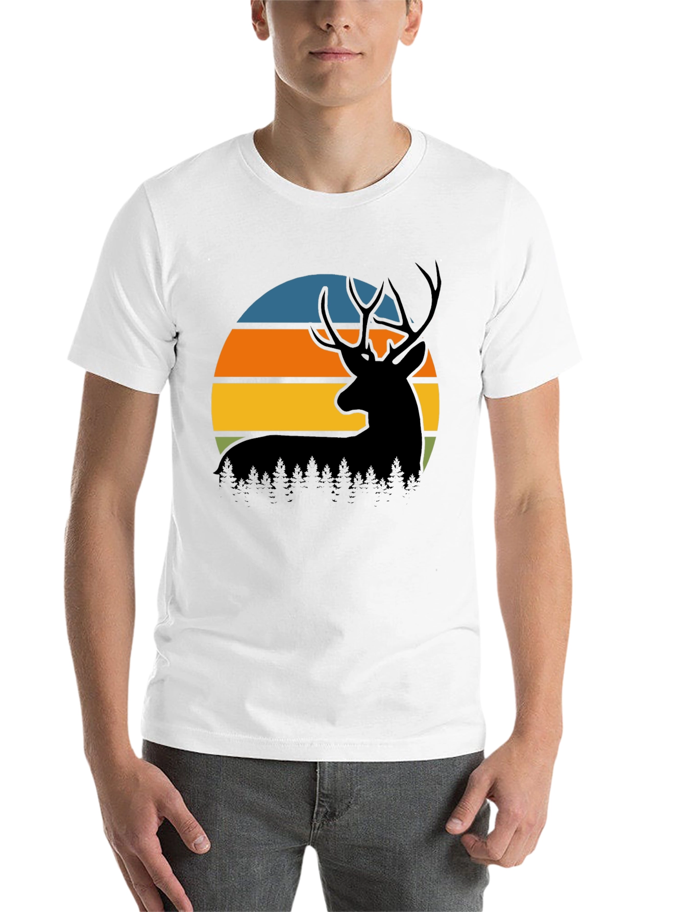Black Retro Deer Sunset Graphic T-Shirt view 14