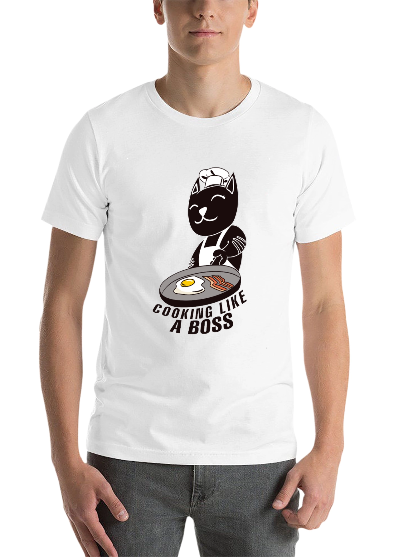 Black Chef Cat Cooking Breakfast Graphic T-Shirt view 14
