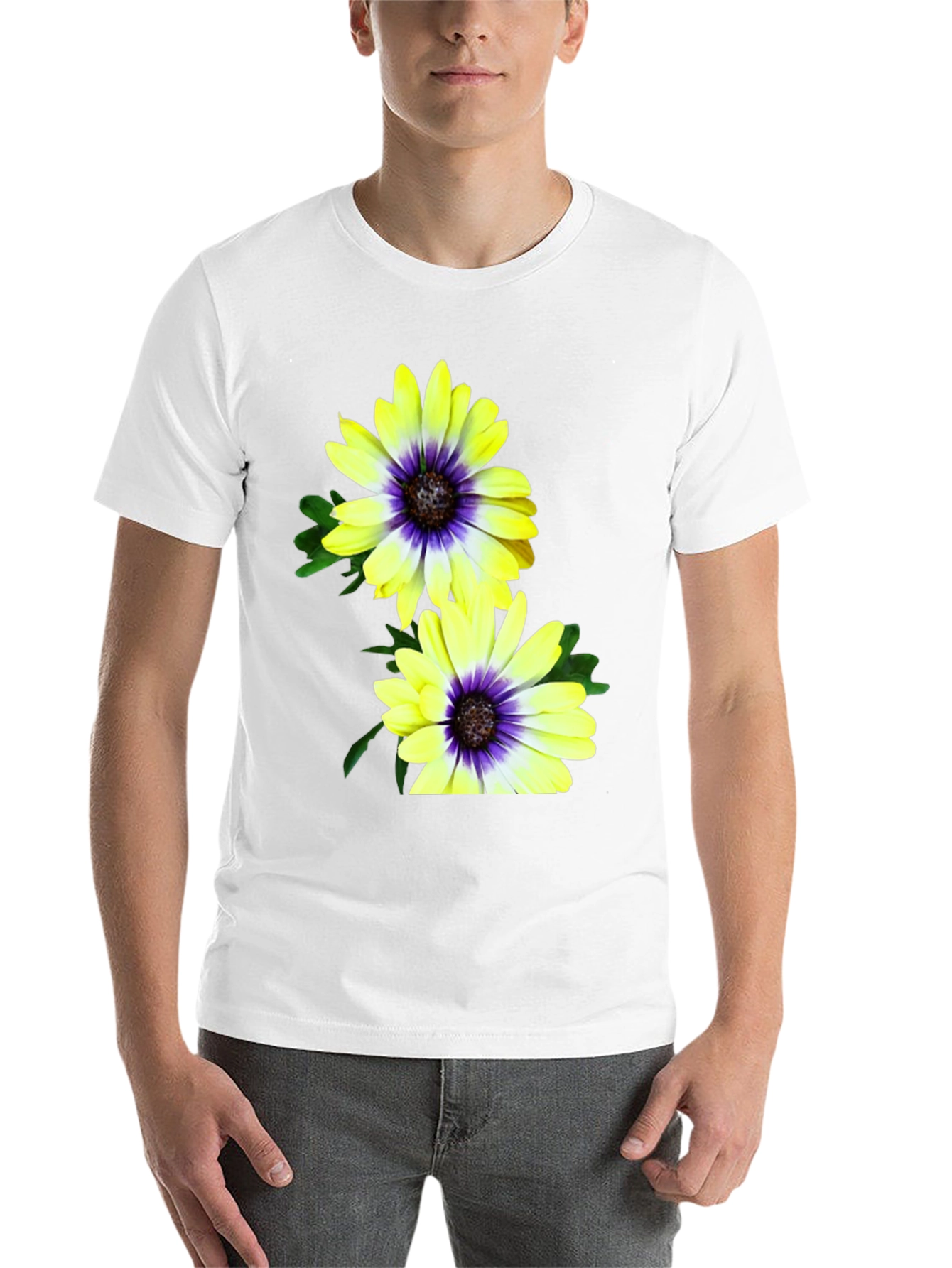 Black Floral T-Shirt: Yellow & Purple Daisy Print view 14