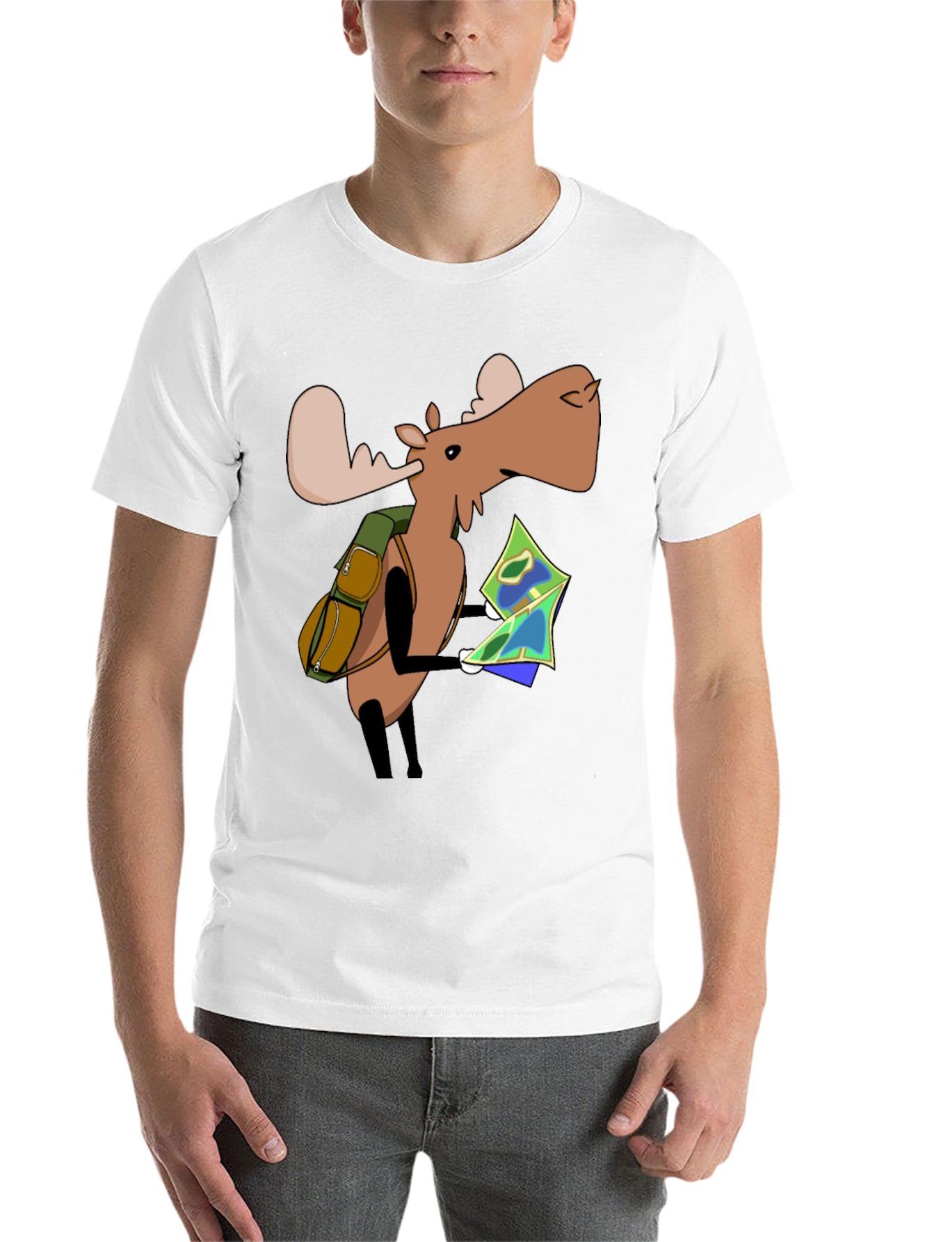 Black Cartoon Moose with Map T-Shirt - Black view 14