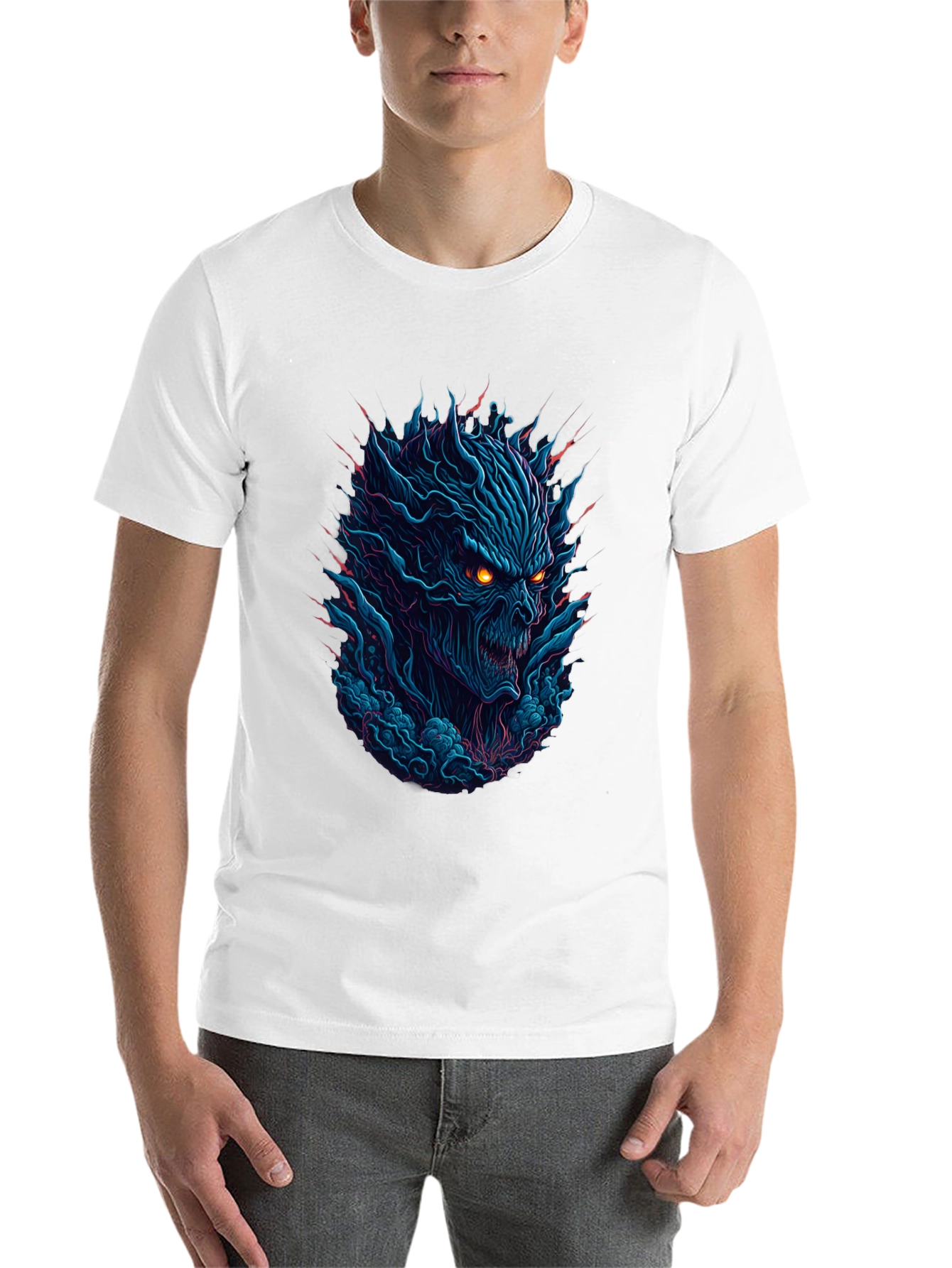 Black Men's Black T-Shirt with Fiery Monster Graphic view 14