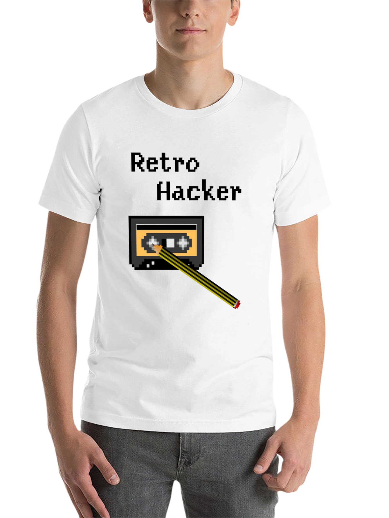 Black Retro Hacker Pixel Art T-Shirt - Cassette and Pencil Design view 14