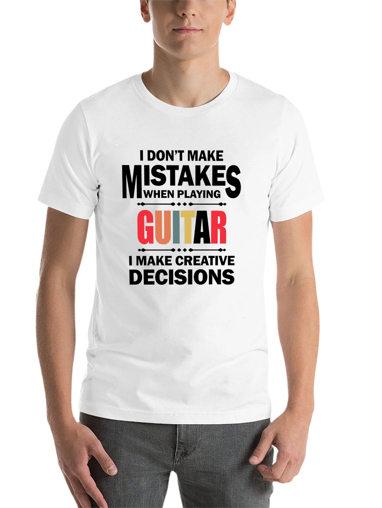 Black Guitar Player Creative Decisions Graphic Tee view 14