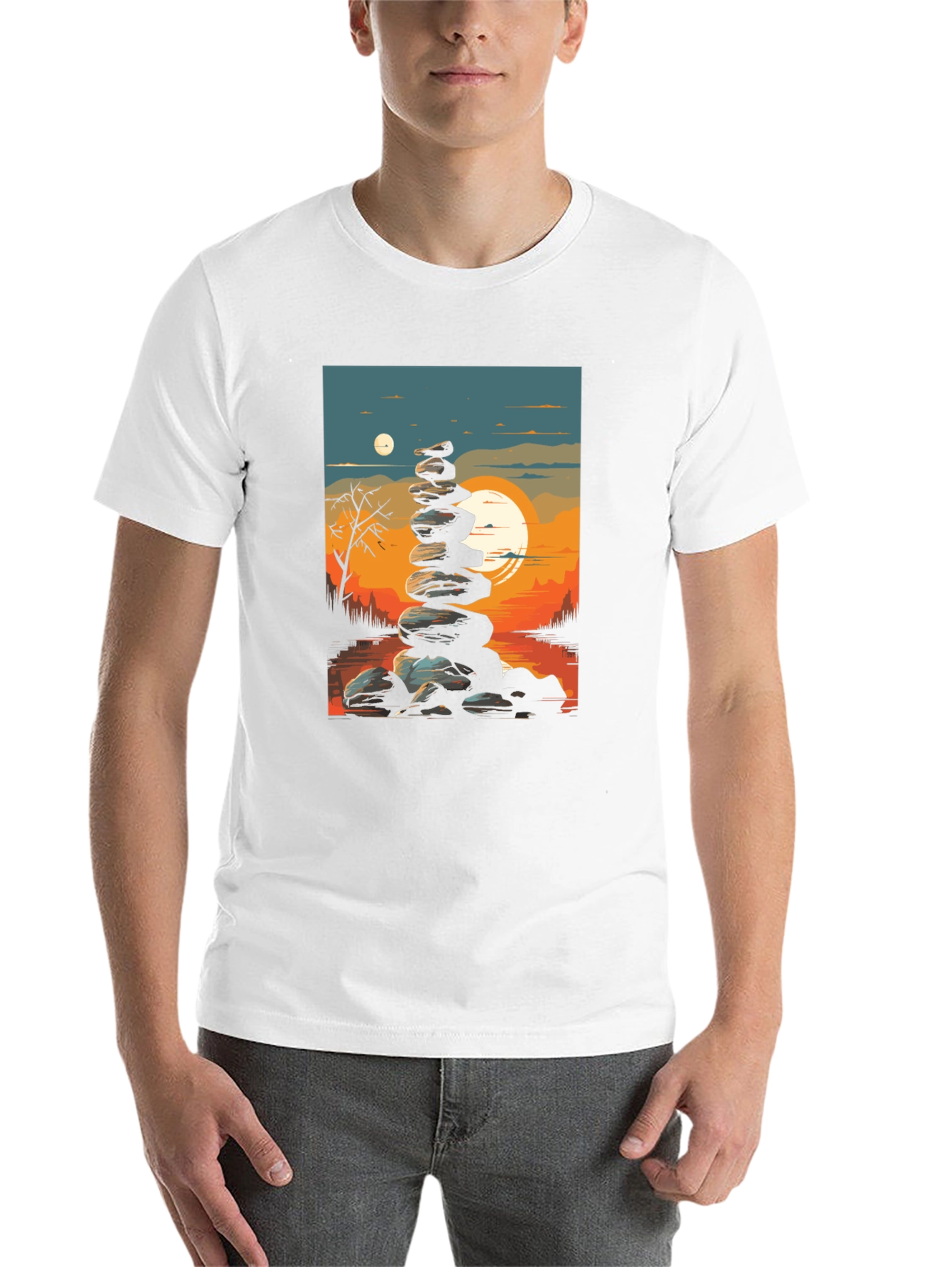 Black Zen Rock Stack T-Shirt - Sunset Landscape view 14