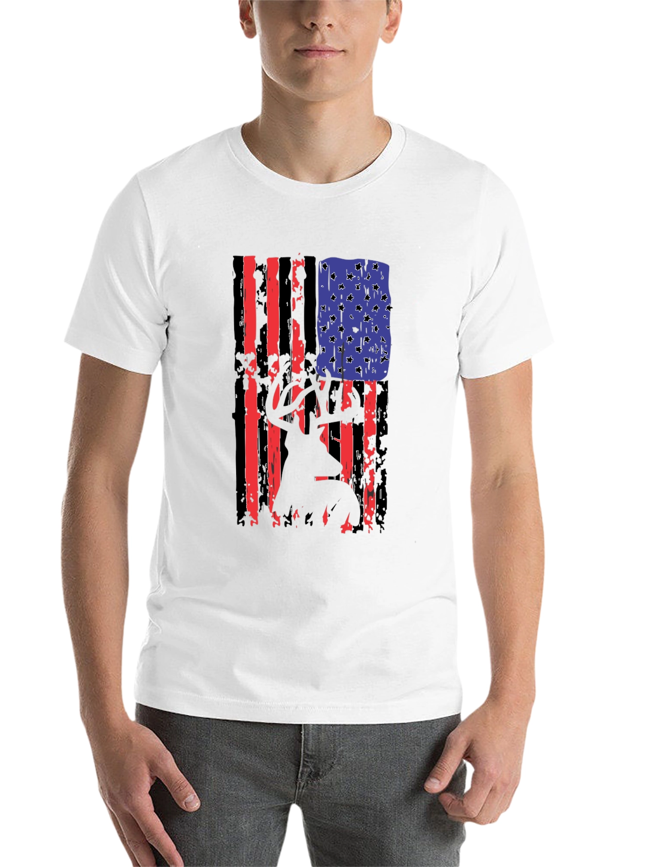 Black Distressed American Flag Deer Hunter T-Shirt view 14