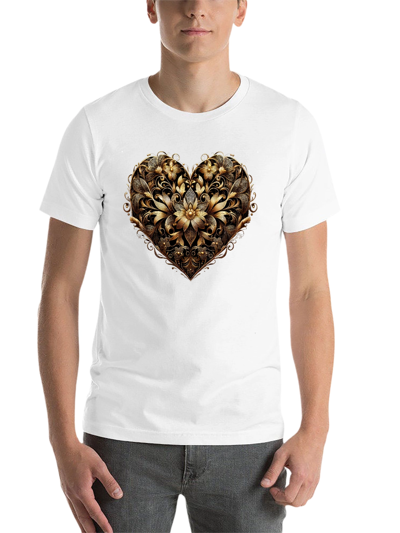 Black Golden Floral Heart Black T-Shirt view 14