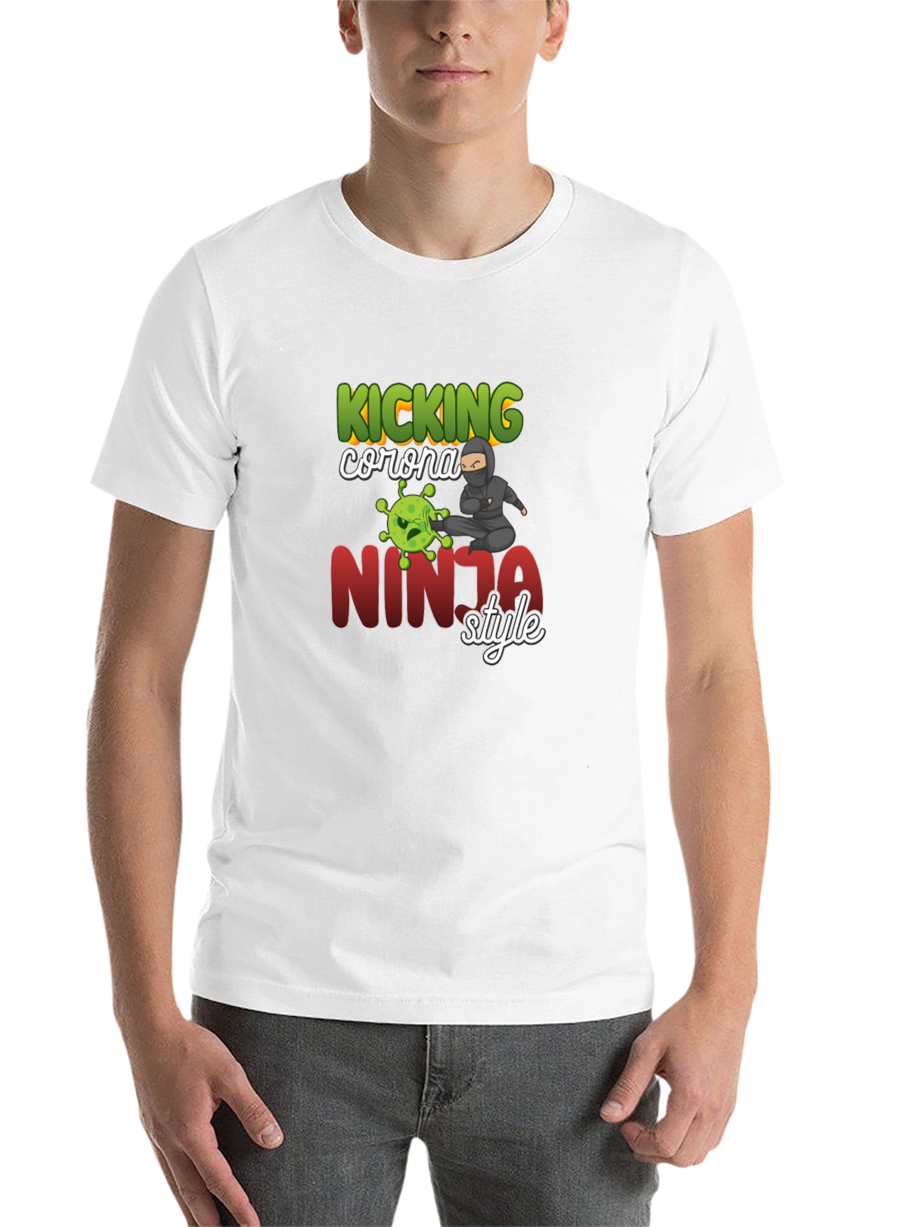 Black Kicking Corona Ninja Style T-Shirt view 14