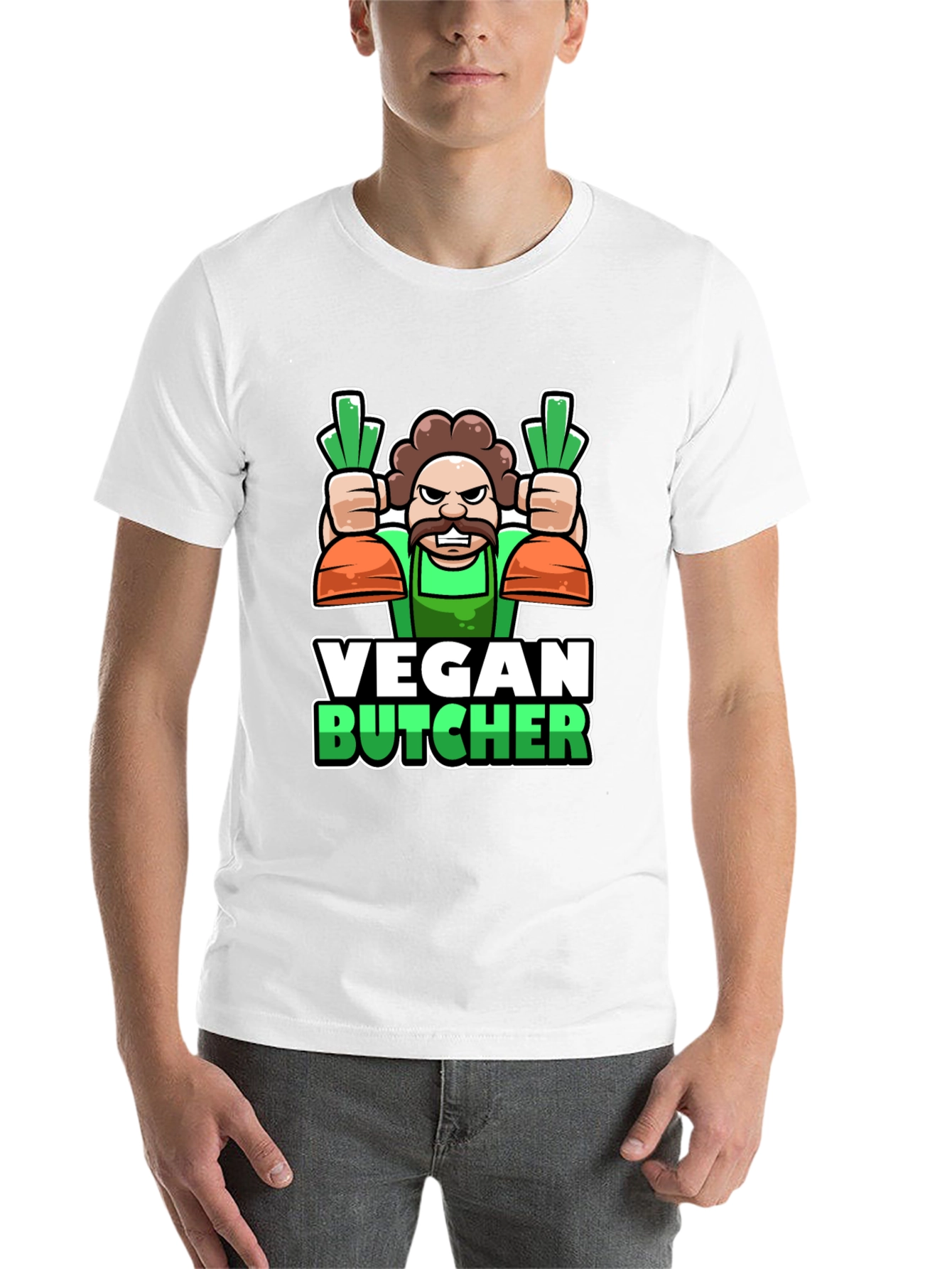 Black Vegan Butcher T-Shirt: Cartoon Carrot Design view 14