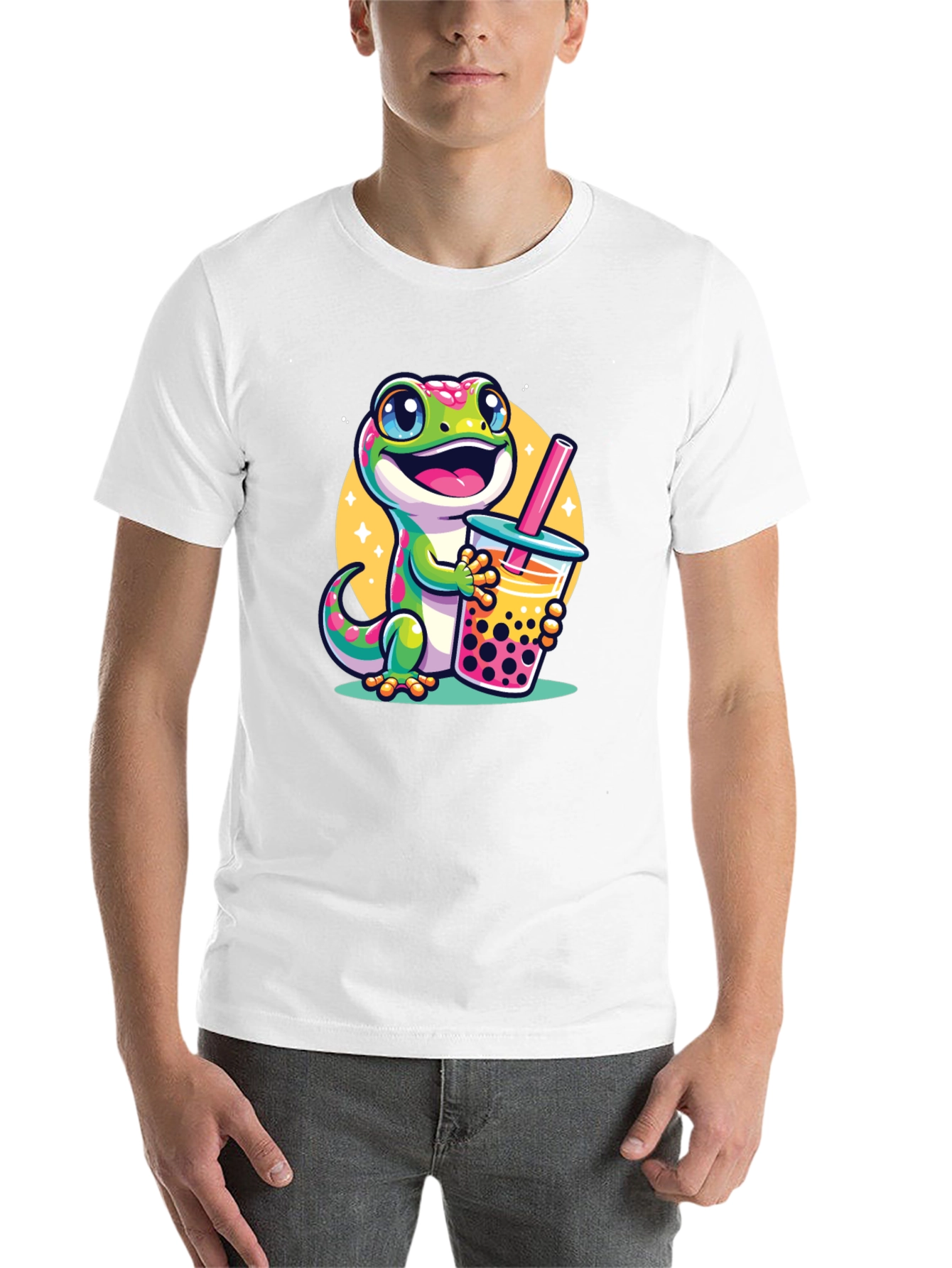 Black Cute Gecko Boba Tea Graphic T-Shirt view 14