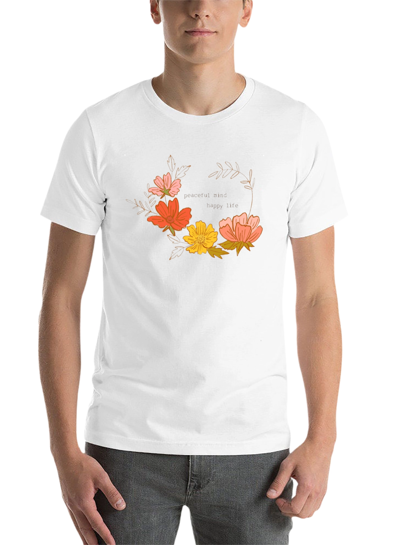 Floral Wreath Graphic T-Shirt - Peaceful Mind, Happy Life - 14