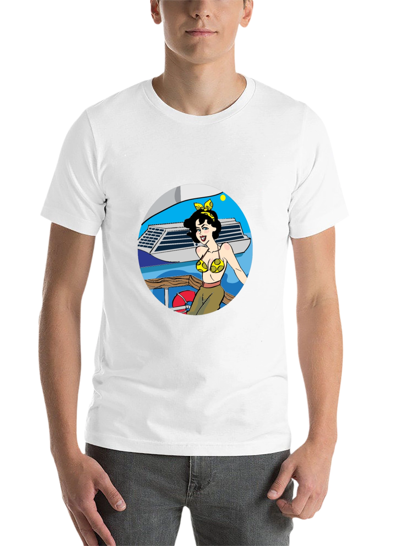 Black Cartoon Woman on Boat Graphic Tee - Black Cotton Blend view 14