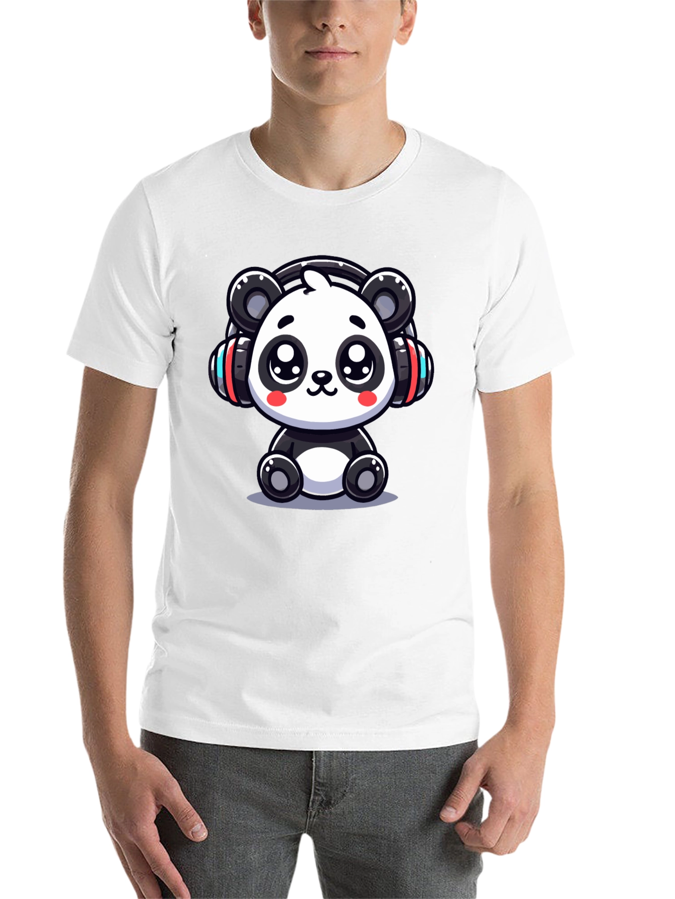 Black Cute Panda Headphones Black T-Shirt view 14