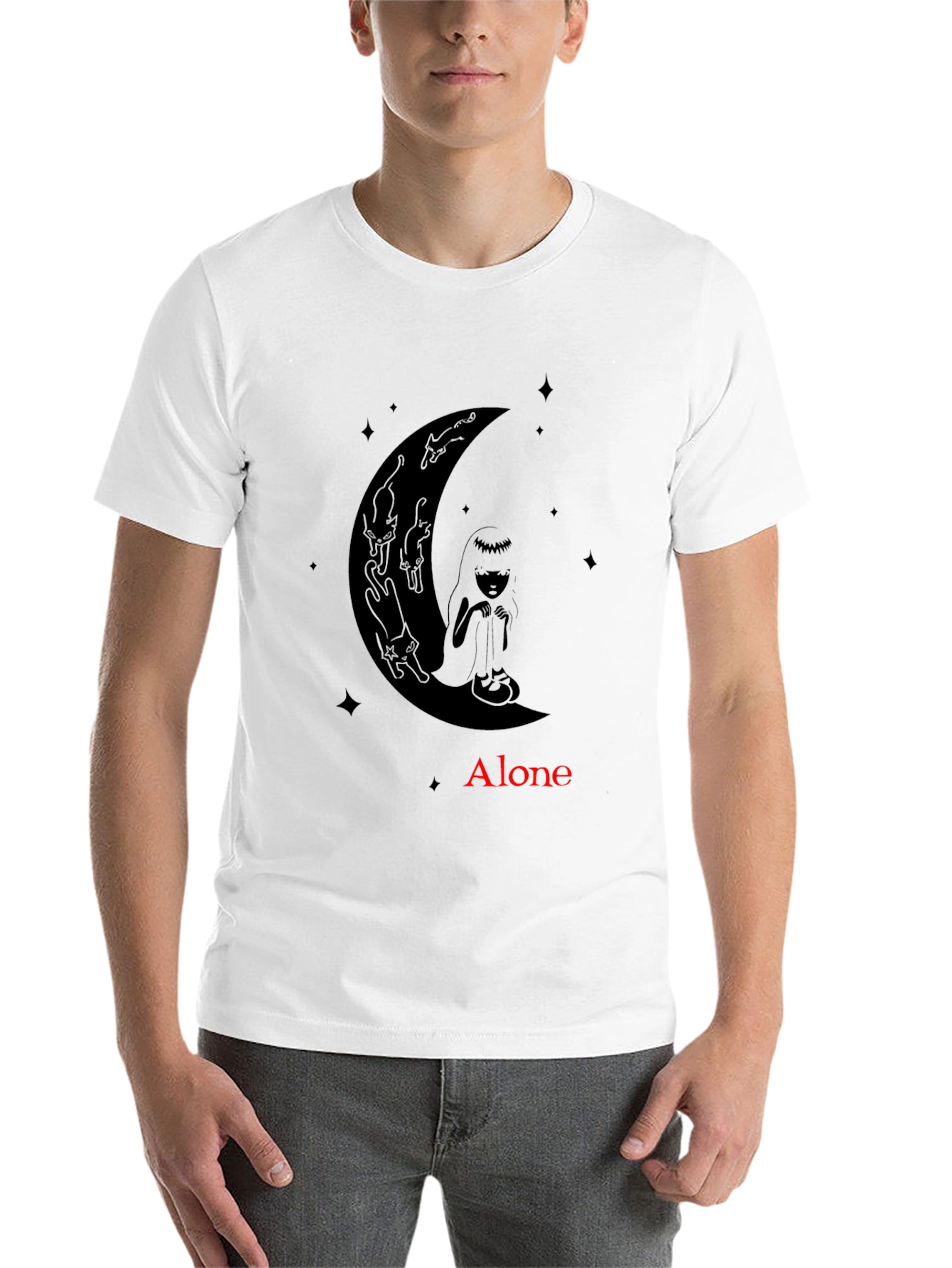 Black Alone Girl & Cats Moon Graphic Tee - Black view 14