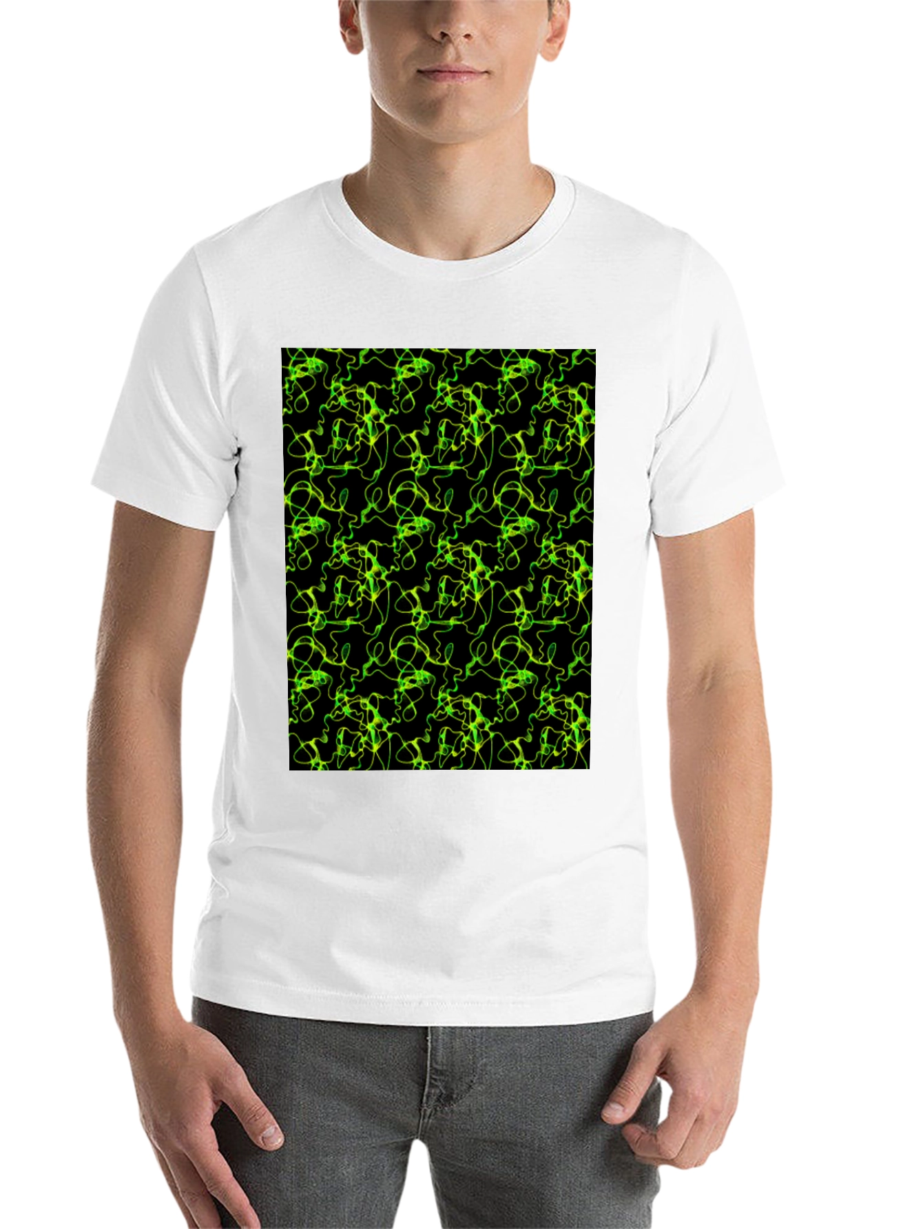 Black Abstract Green Line Pattern Black T-Shirt view 14