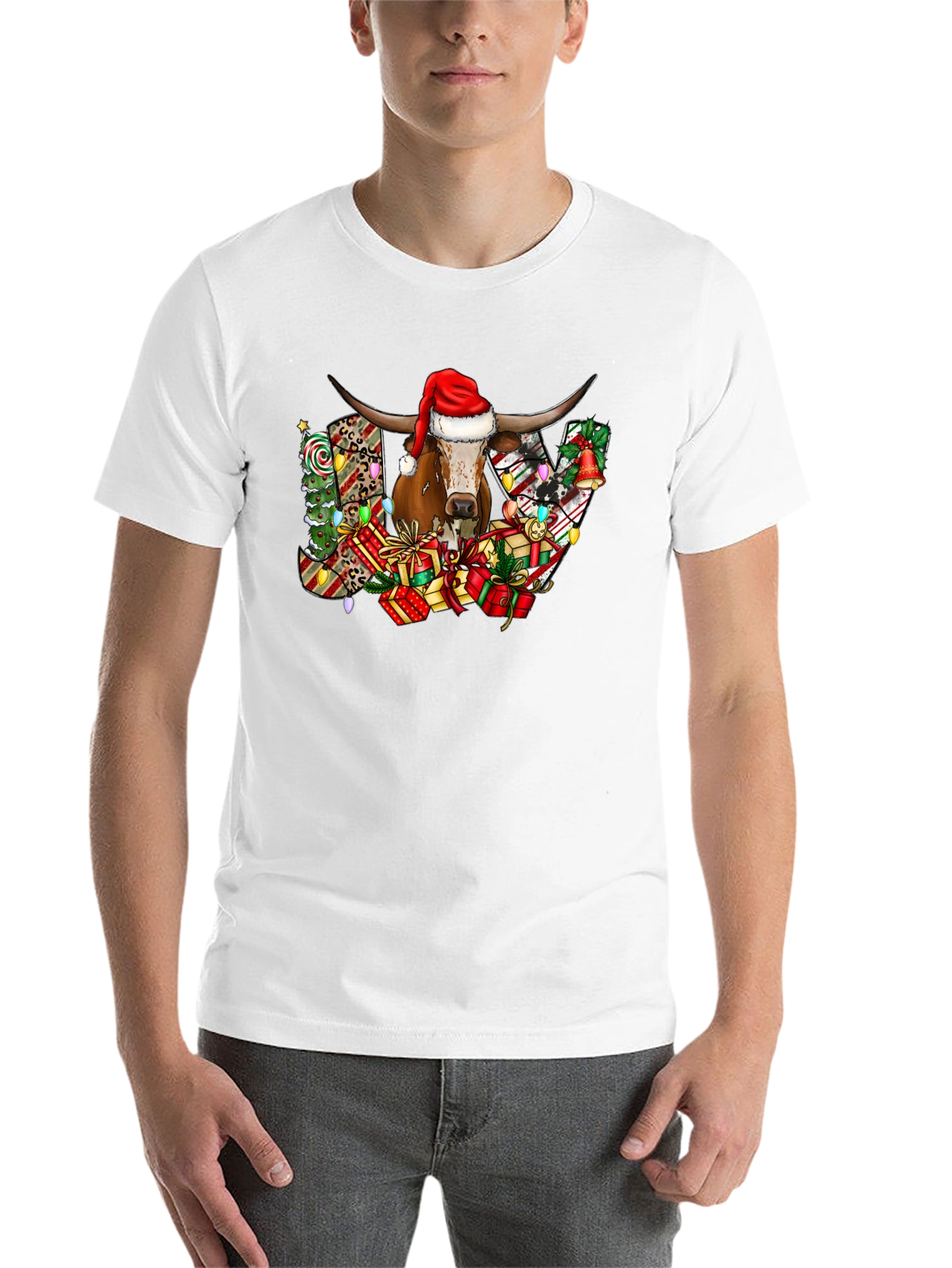 Black Festive Bull JOY Graphic Tee - Christmas Holiday Shirt view 14