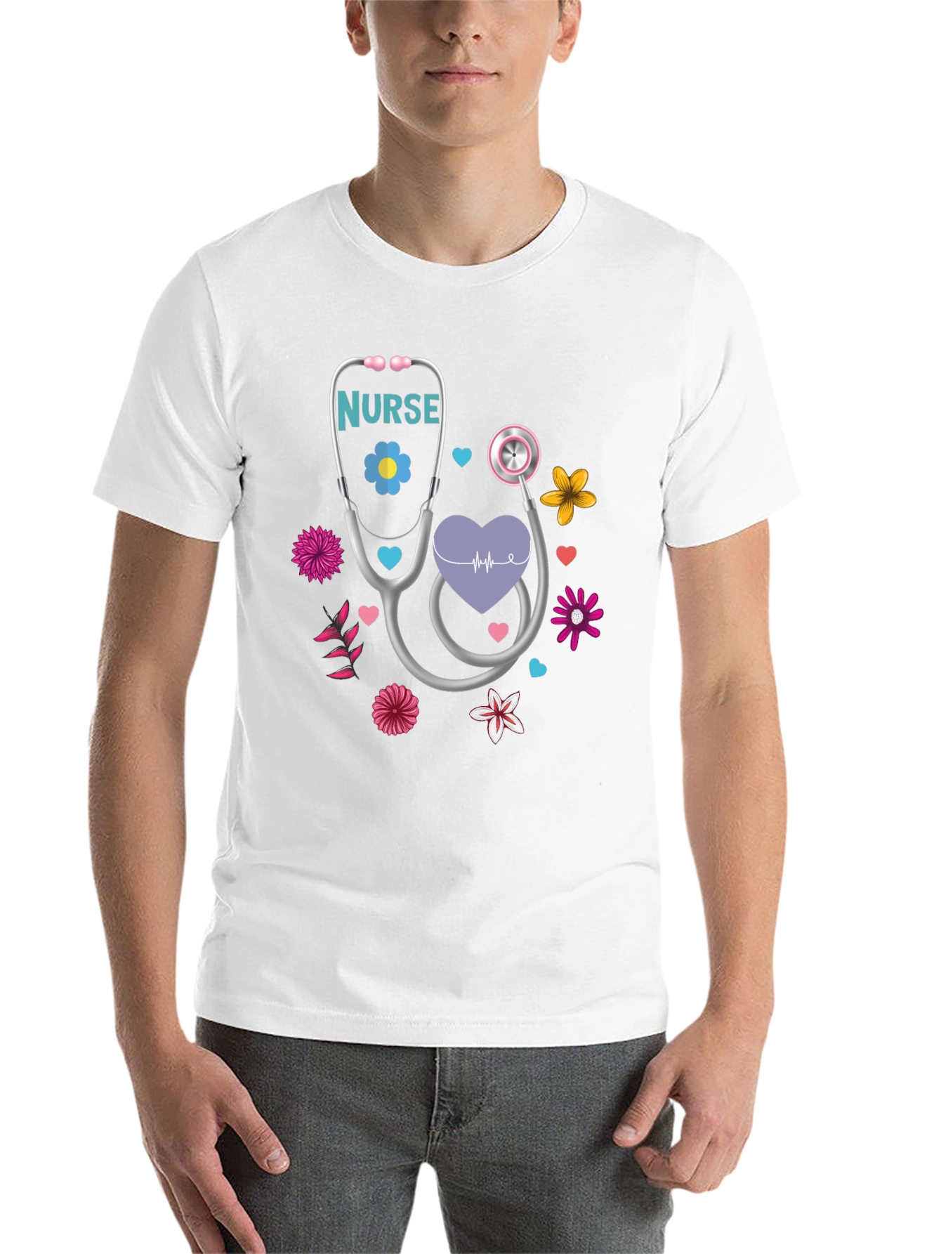 Black Nurse Stethoscope Floral Heart T-Shirt view 14
