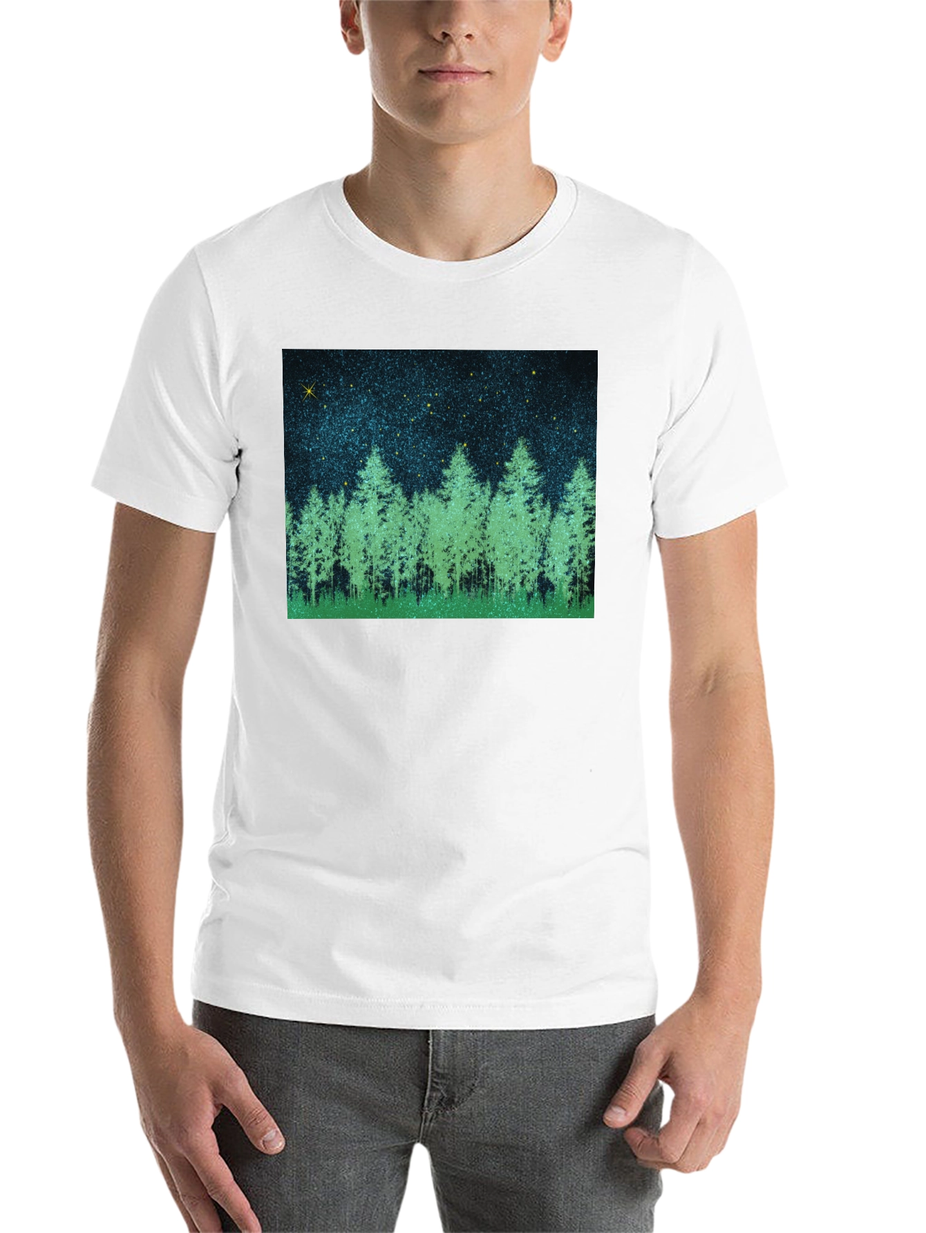 Black Starry Forest Graphic Tee - Black Cotton Blend T-Shirt view 14