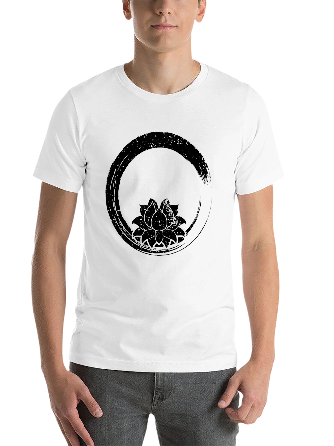 Black Black T-Shirt with Lotus Flower Enso Circle Design view 14