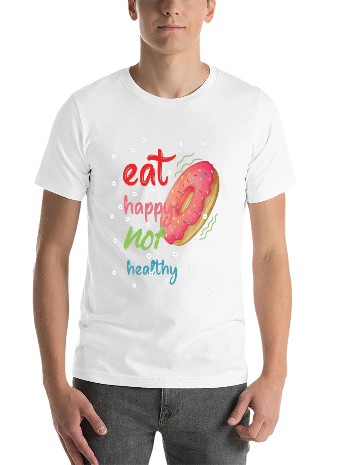 Black Eat Happy Not Healthy Funny Donut T-Shirt view 14