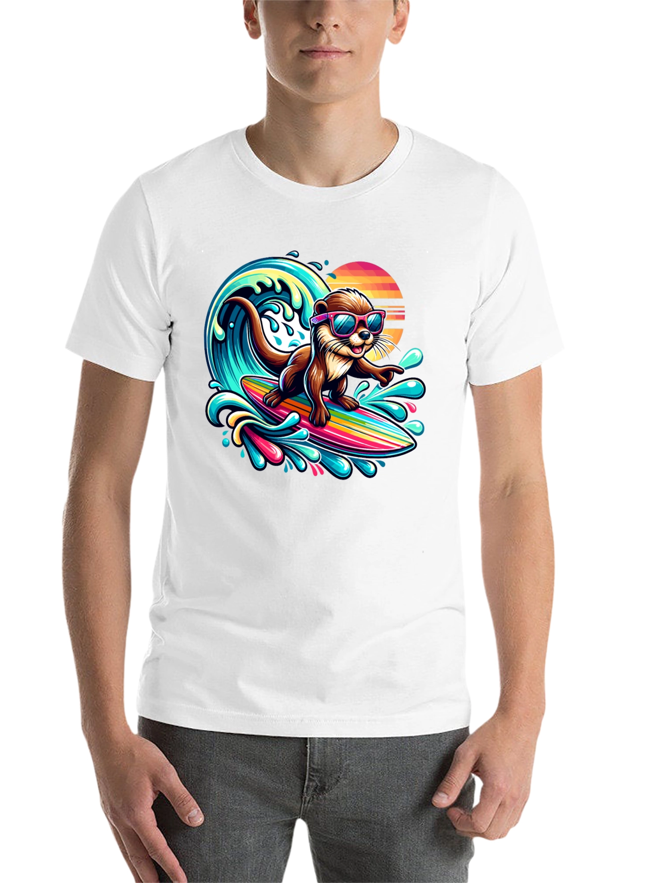 Black Surfing Otter T-Shirt - Cool Cartoon Graphic Tee view 14