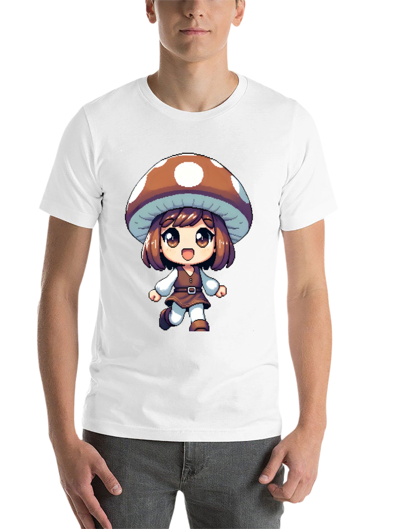 Black Mushroom Girl Black T-Shirt Anime Pixel Art view 14