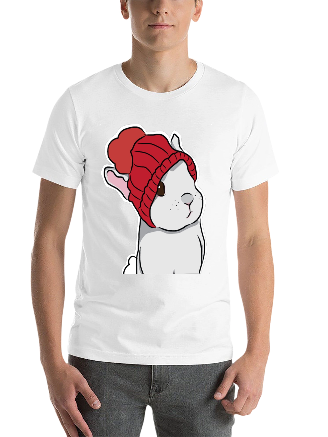 Black Cute Bunny in Red Knit Hat T-Shirt view 14